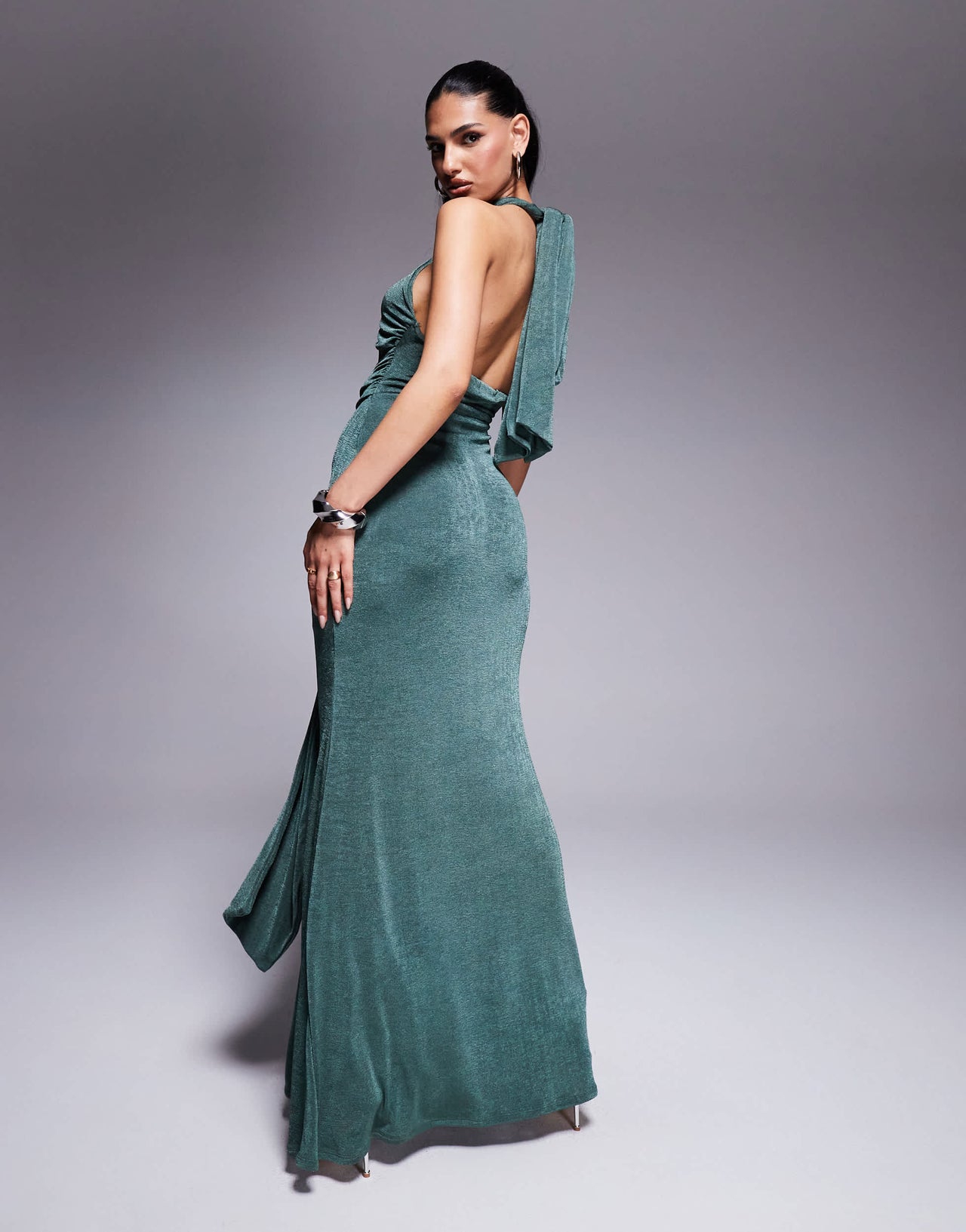 ASOS DESIGN ring detail maxi dress with tie back and sash in khaki