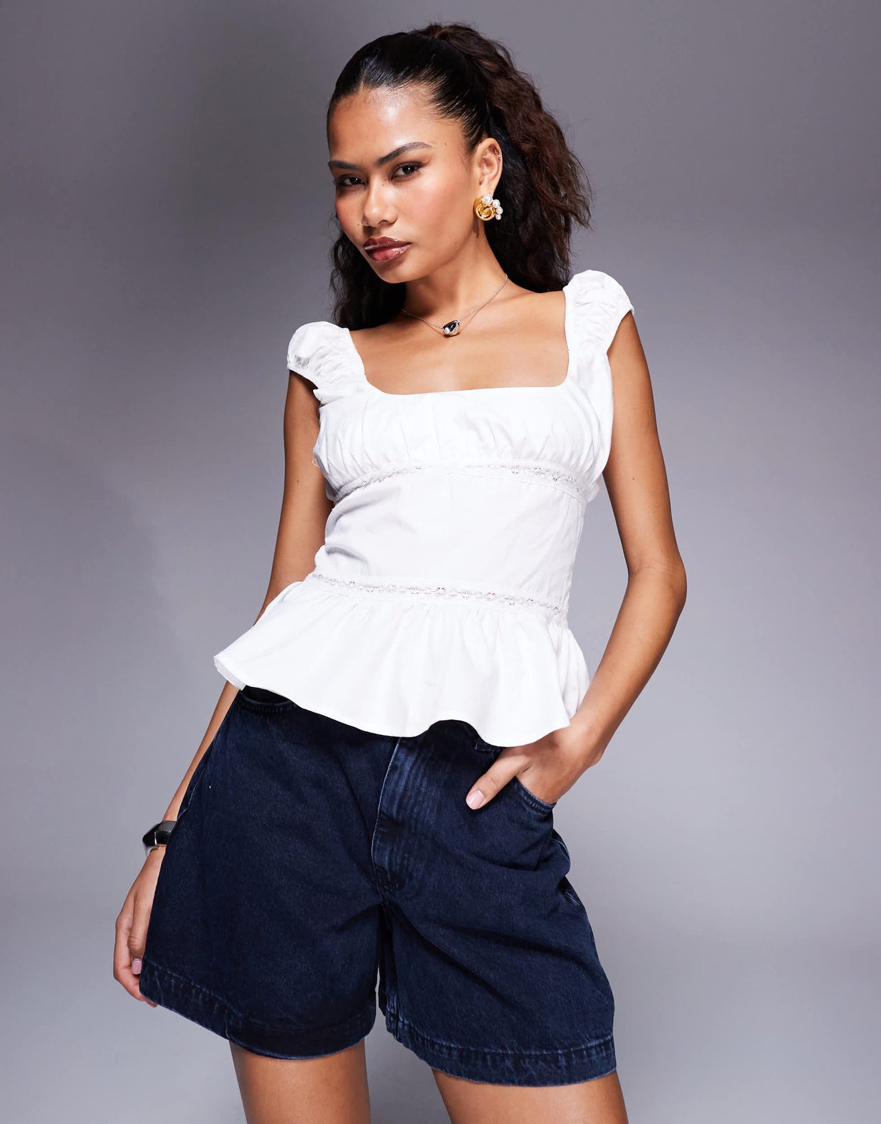 Princess Polly Somi cap sleeve lace trim peplum top in white