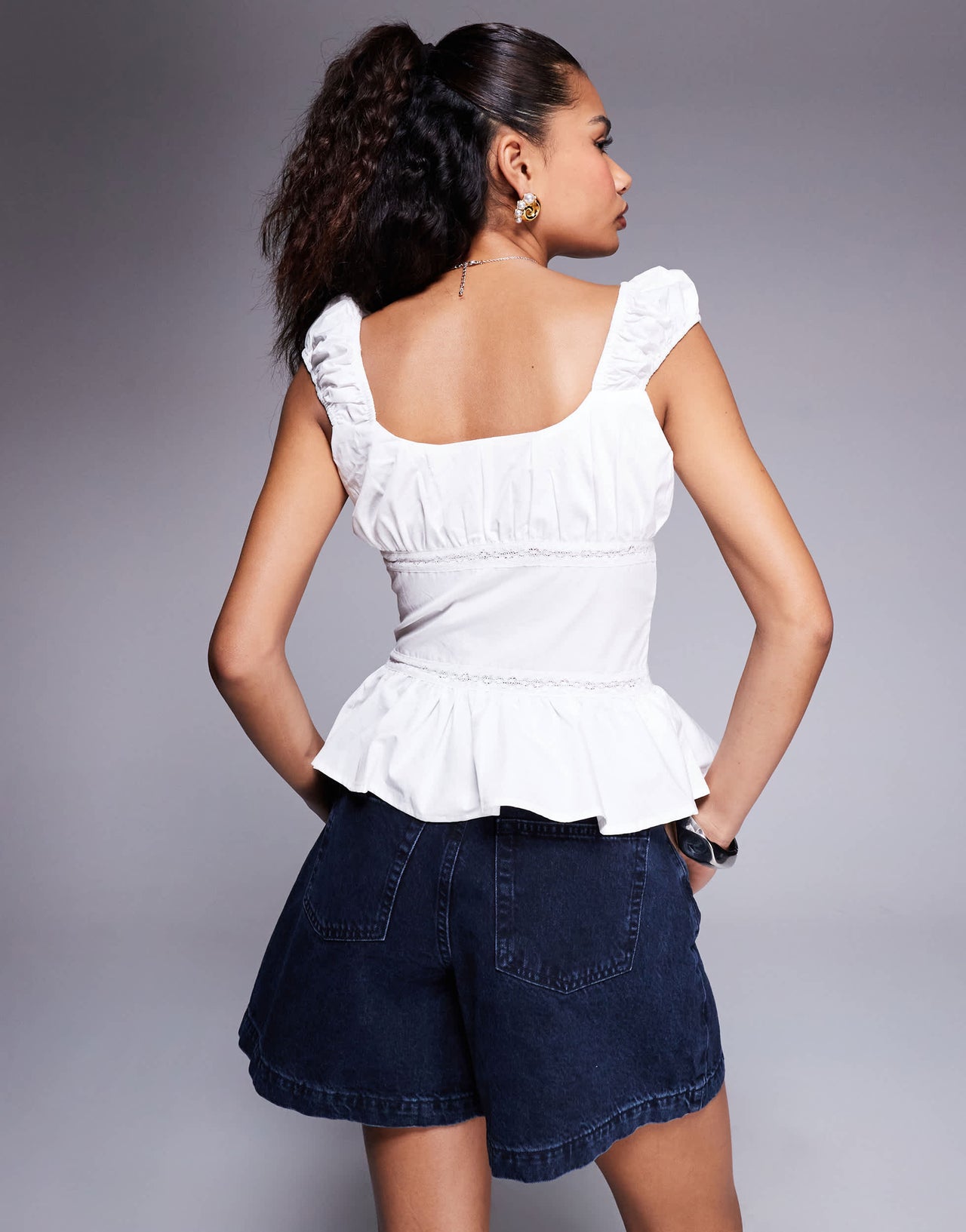 Princess Polly Somi cap sleeve lace trim peplum top in white