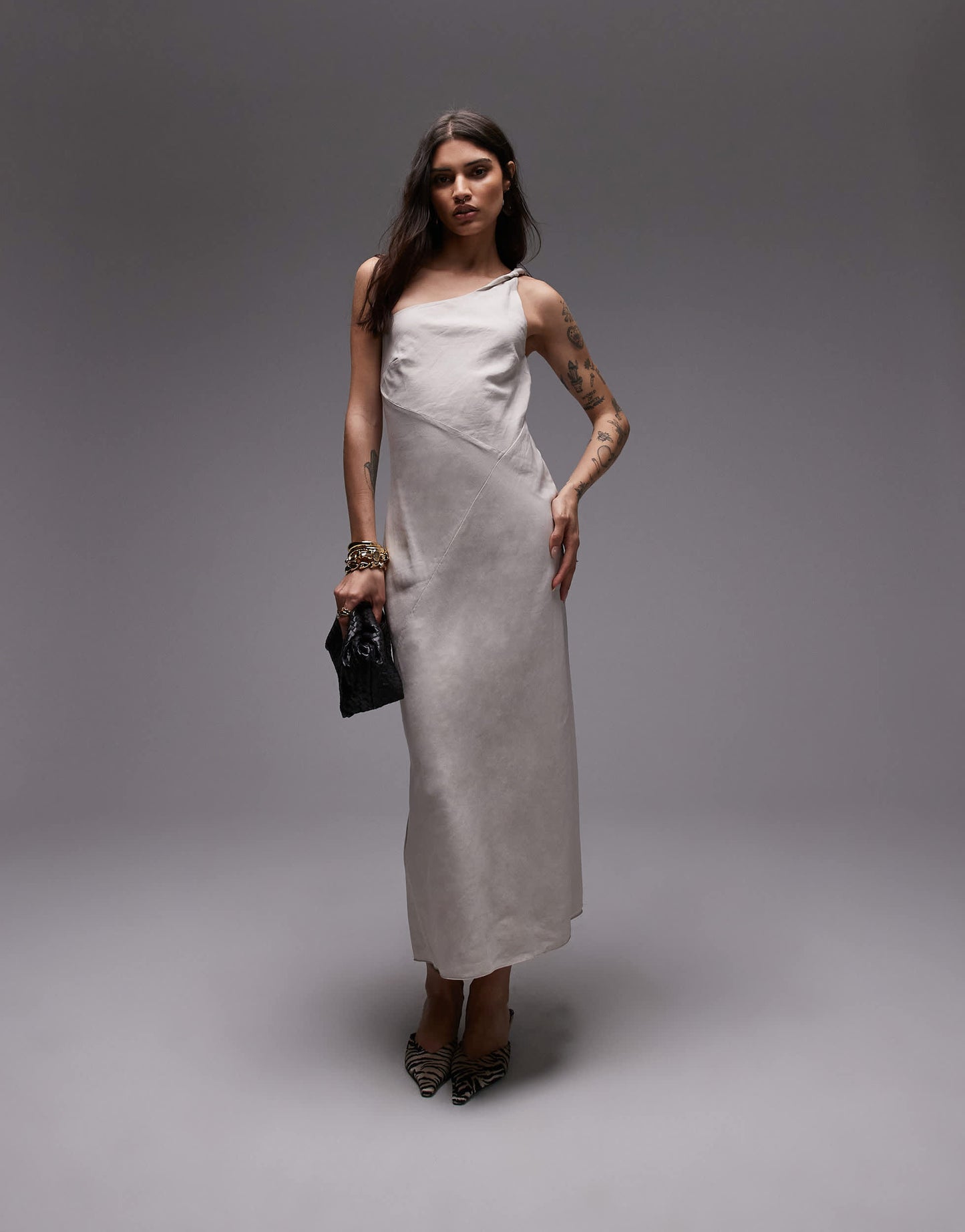 & Other Stories one shoulder linen midi dress with twisted strap detail in vintage white