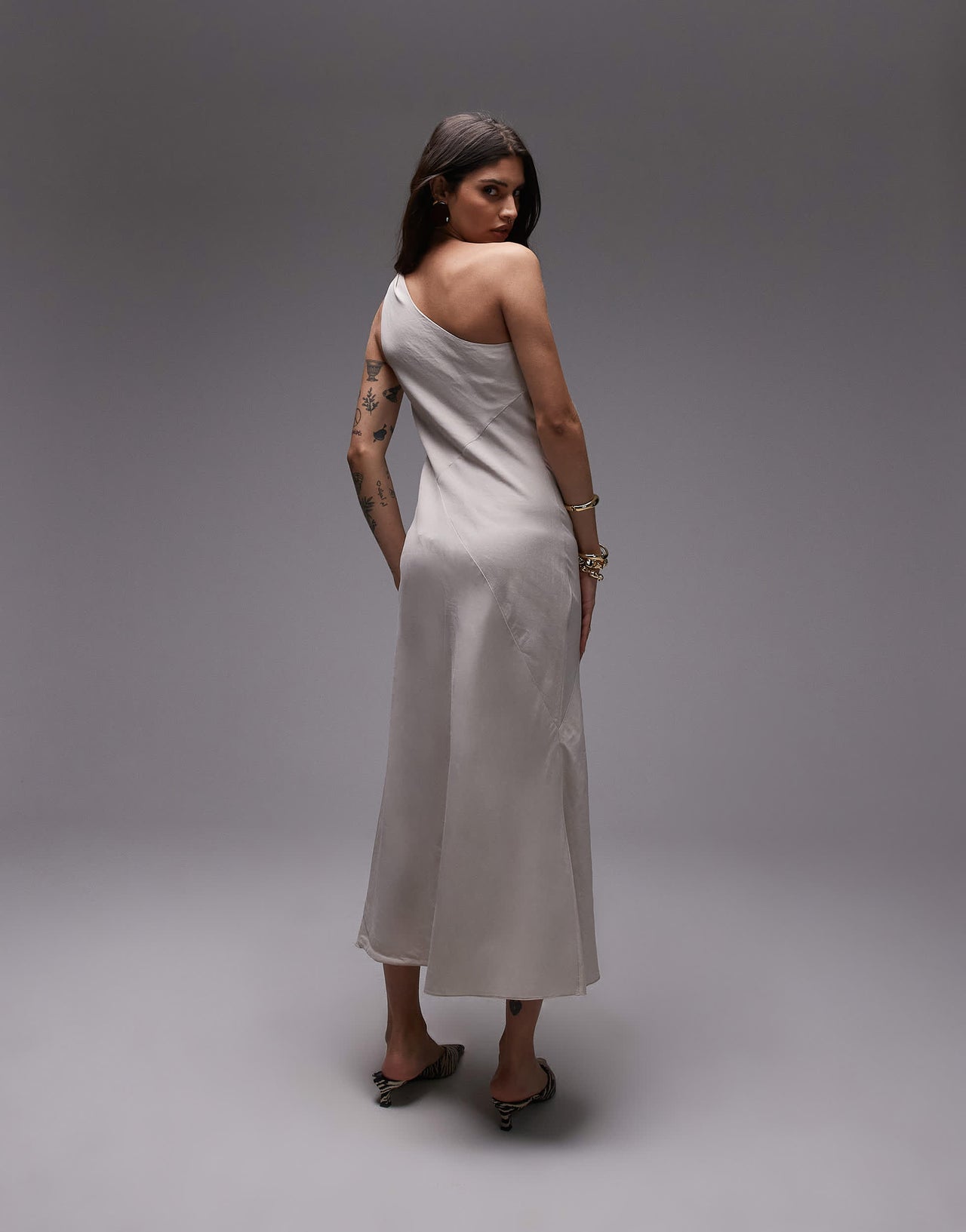 & Other Stories one shoulder linen midi dress with twisted strap detail in vintage white
