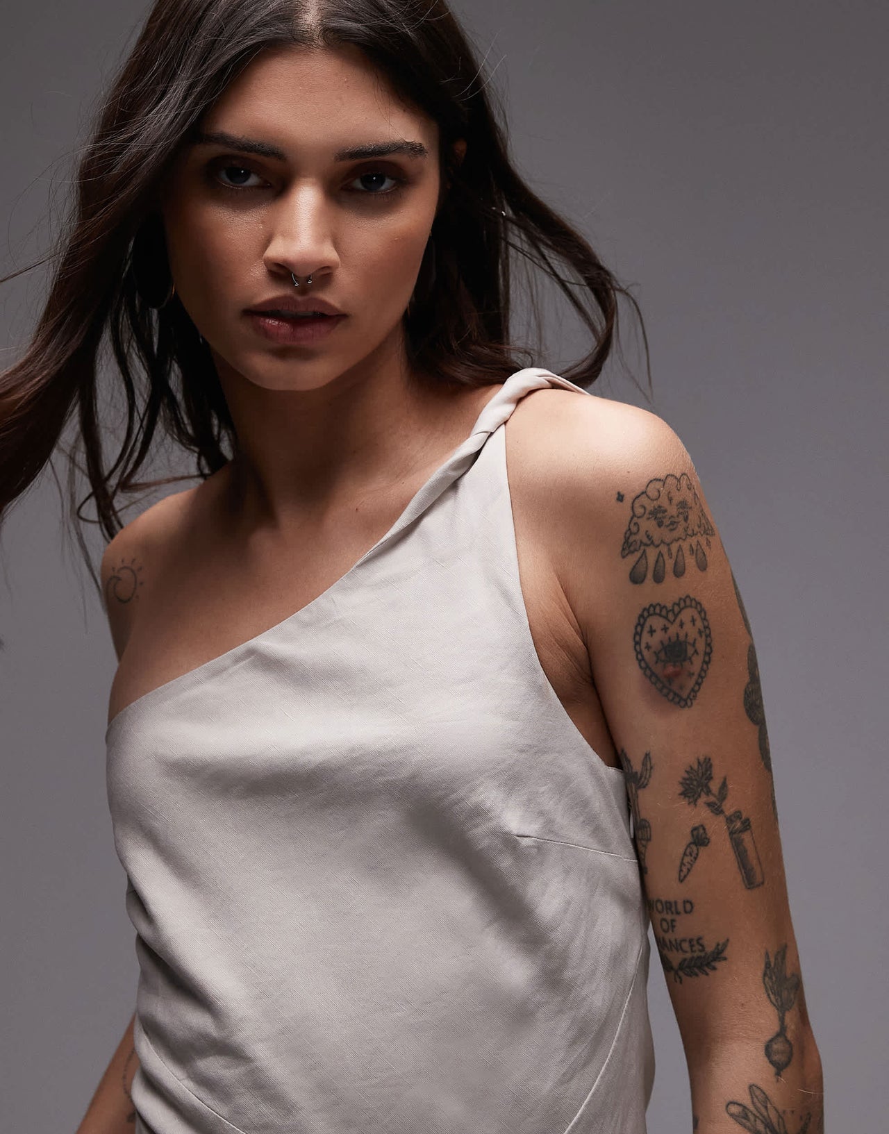 & Other Stories one shoulder linen midi dress with twisted strap detail in vintage white
