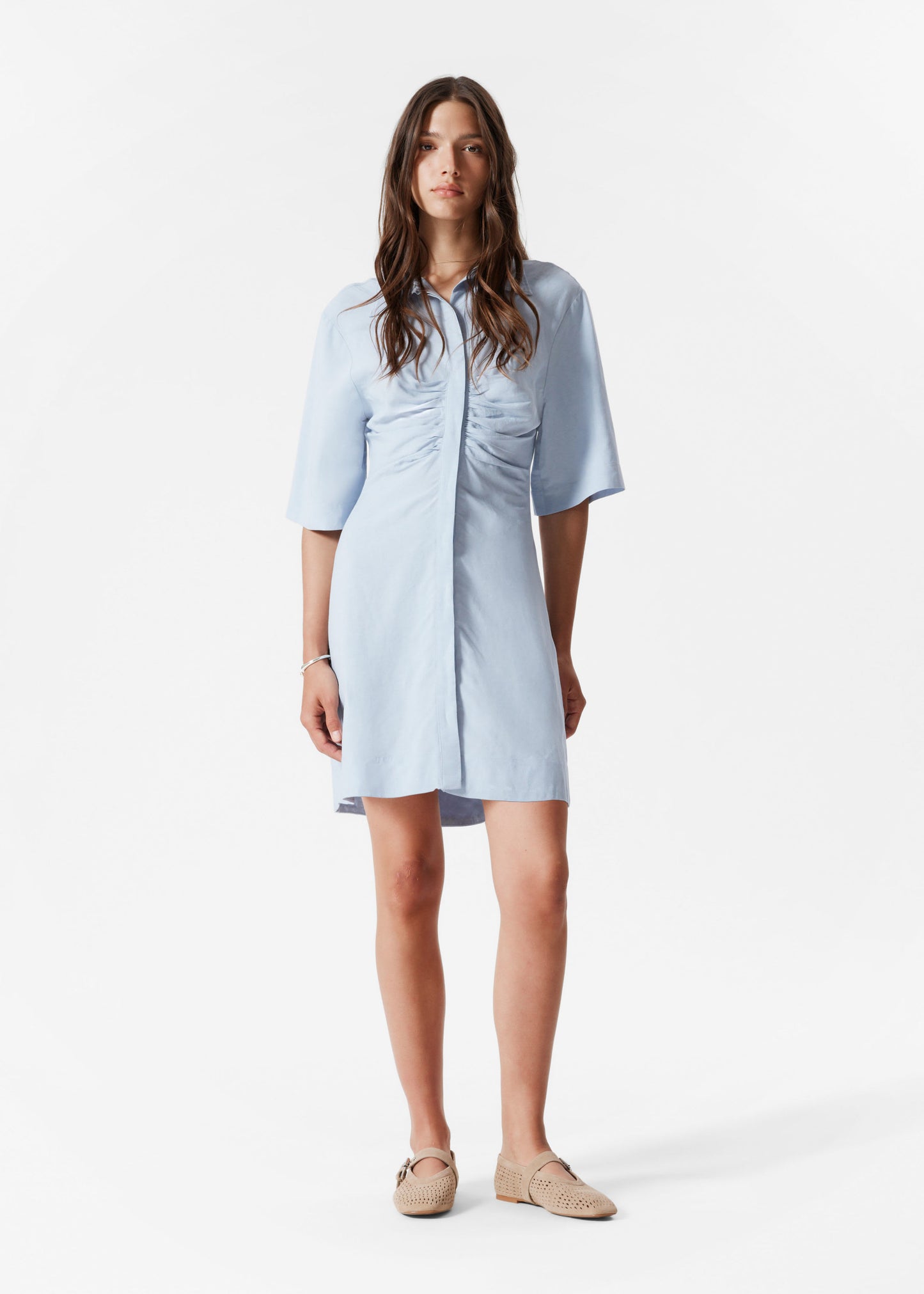 & Other Stories mini shirt dress with ruche front in blue