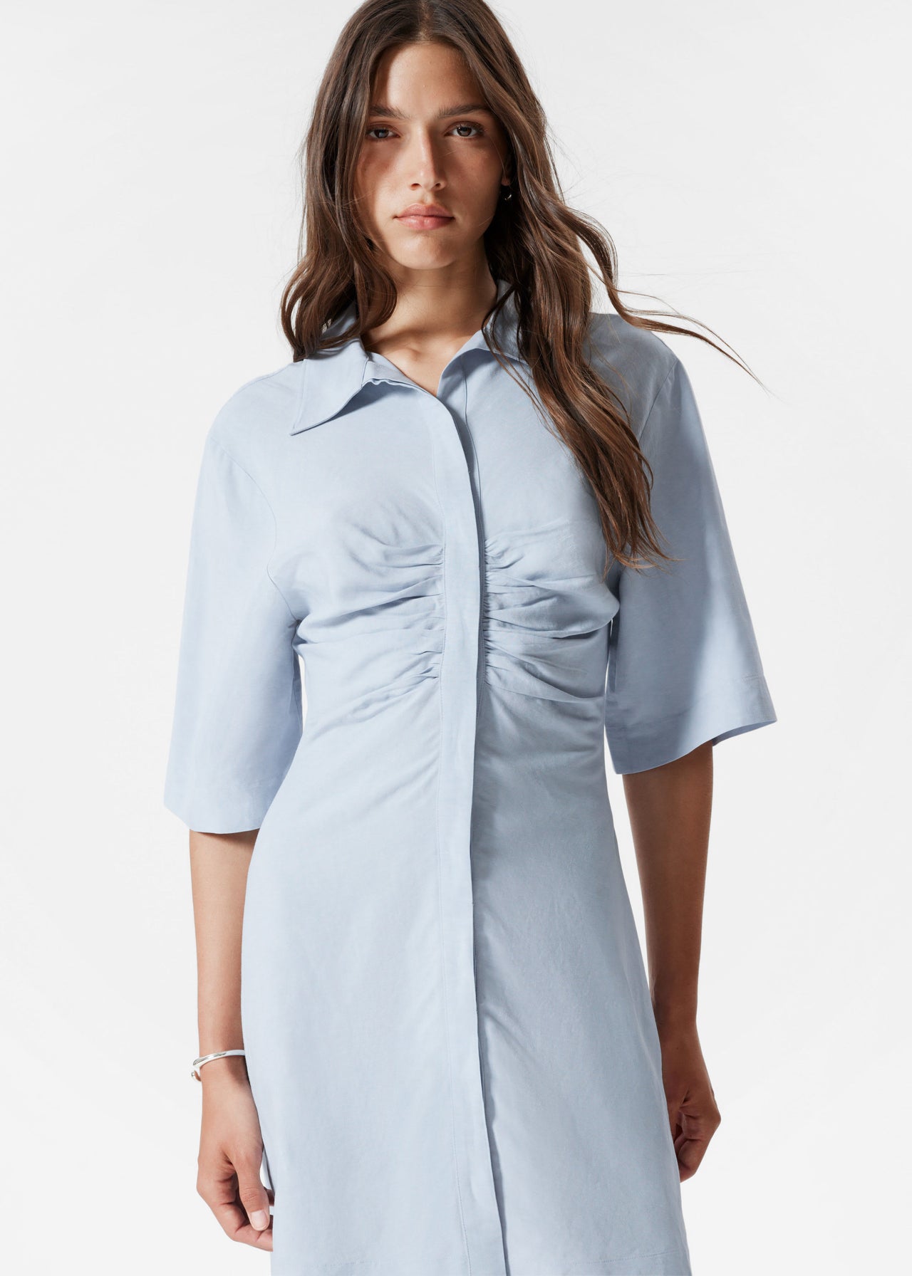& Other Stories mini shirt dress with ruche front in blue