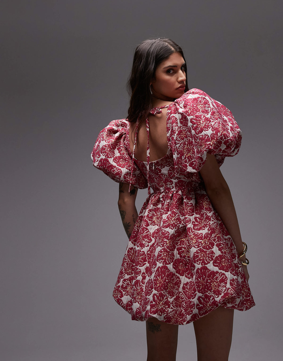 & Other Stories brocade mini dress with statement puff sleeves and deep back in pink floral