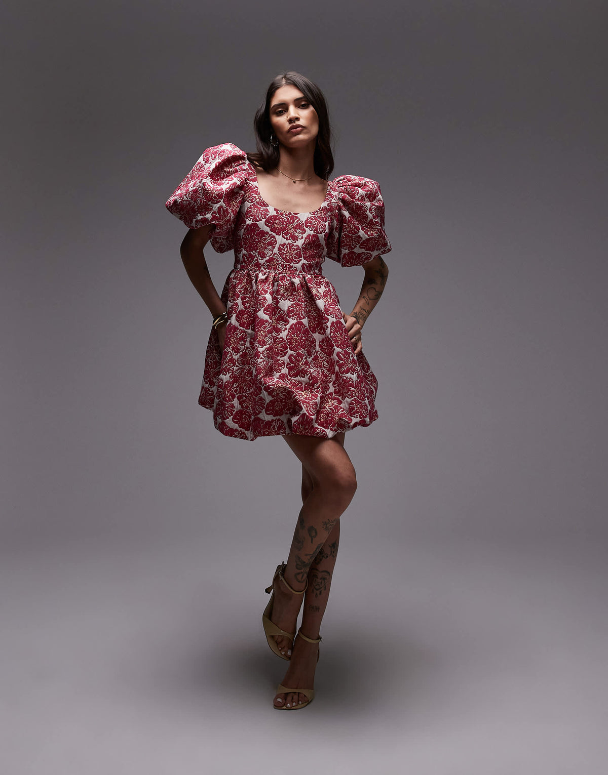 & Other Stories brocade mini dress with statement puff sleeves and deep back in pink floral