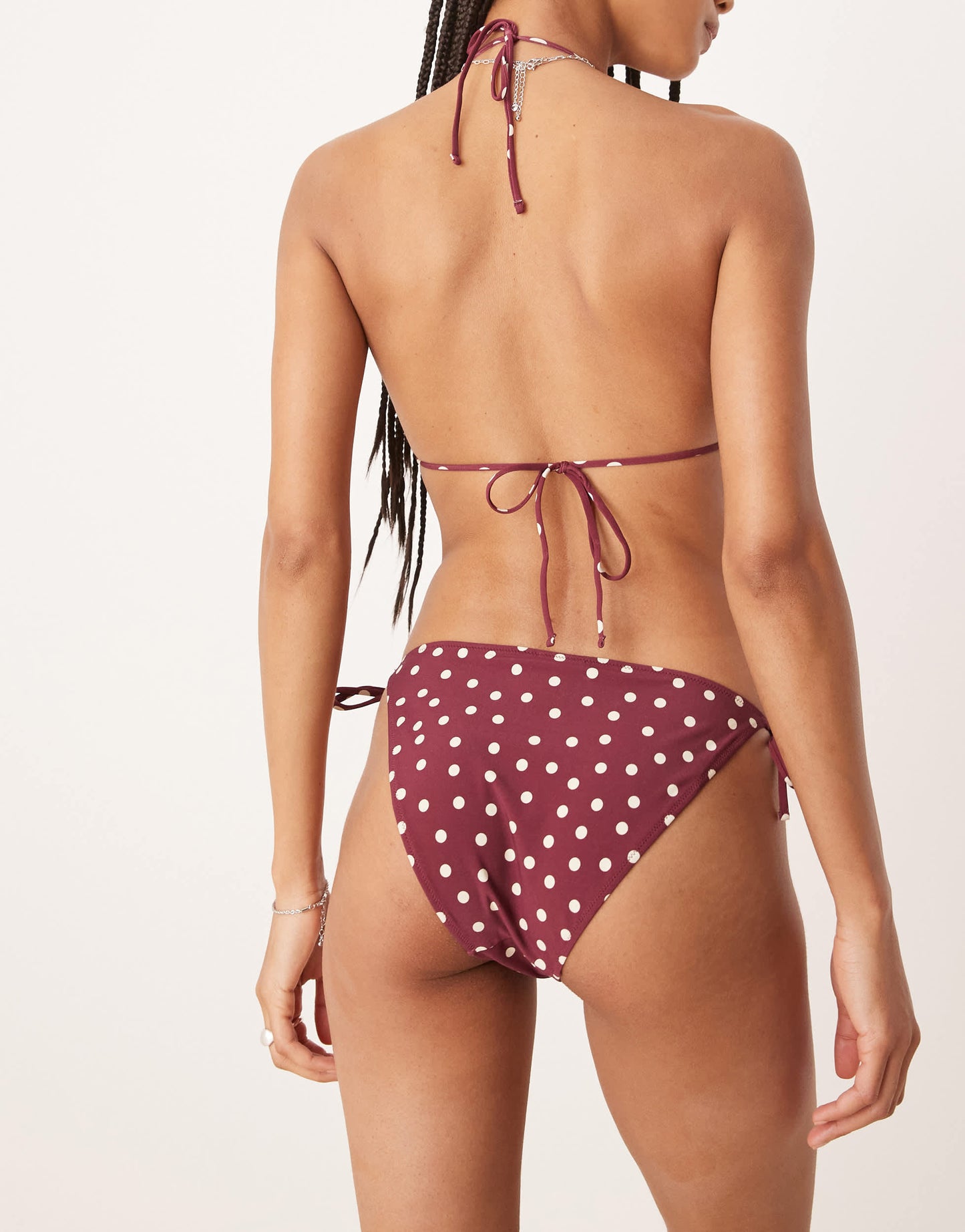 & Other Stories mix and match side tie bikini bottom in burgundy and white polka dot print