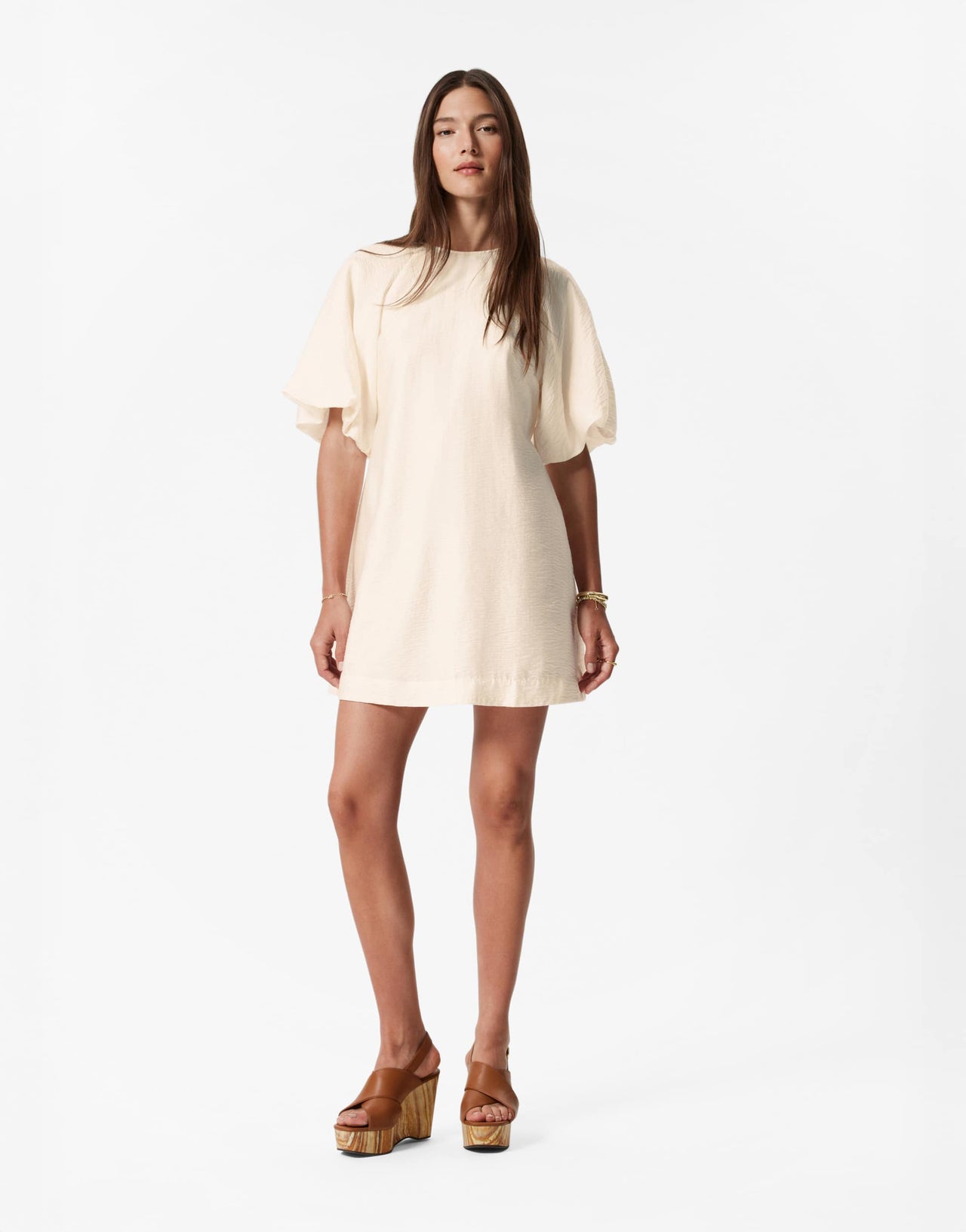 & Other Stories mini dress with puff sleeves with tie-back belt in white