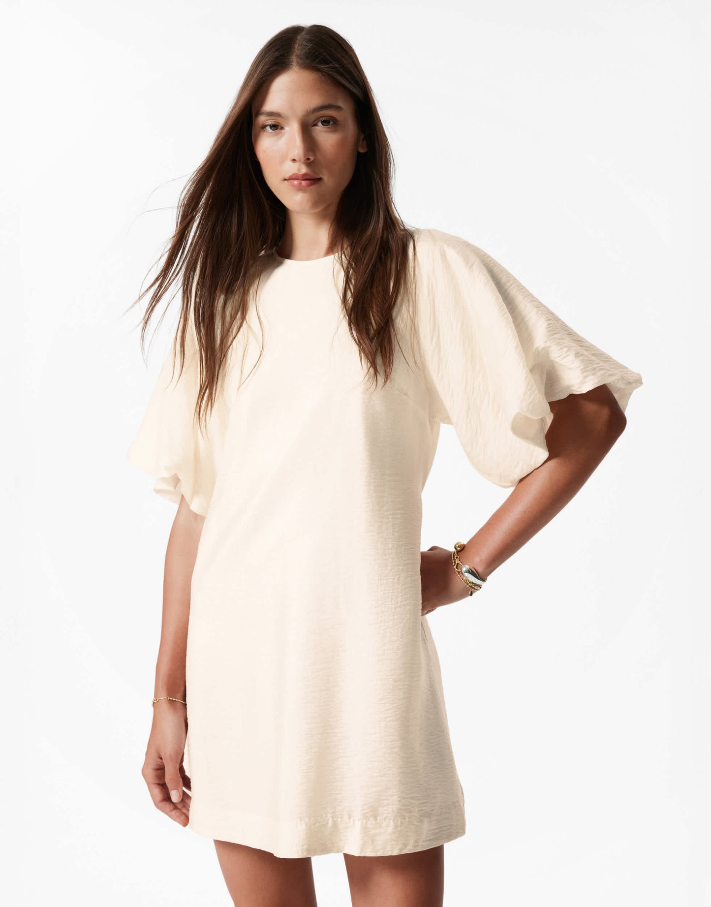 & Other Stories mini dress with puff sleeves with tie-back belt in white