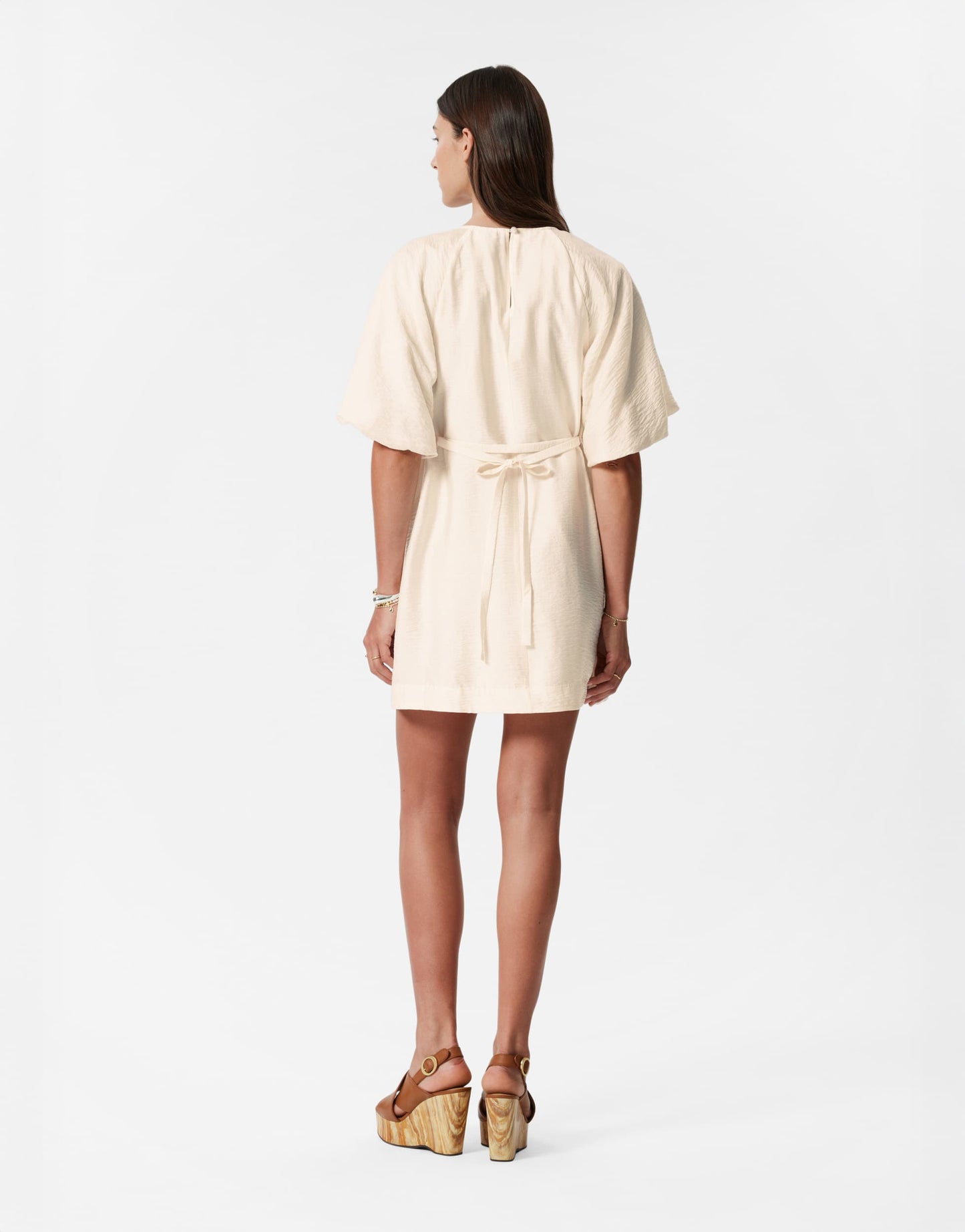 & Other Stories mini dress with puff sleeves with tie-back belt in white