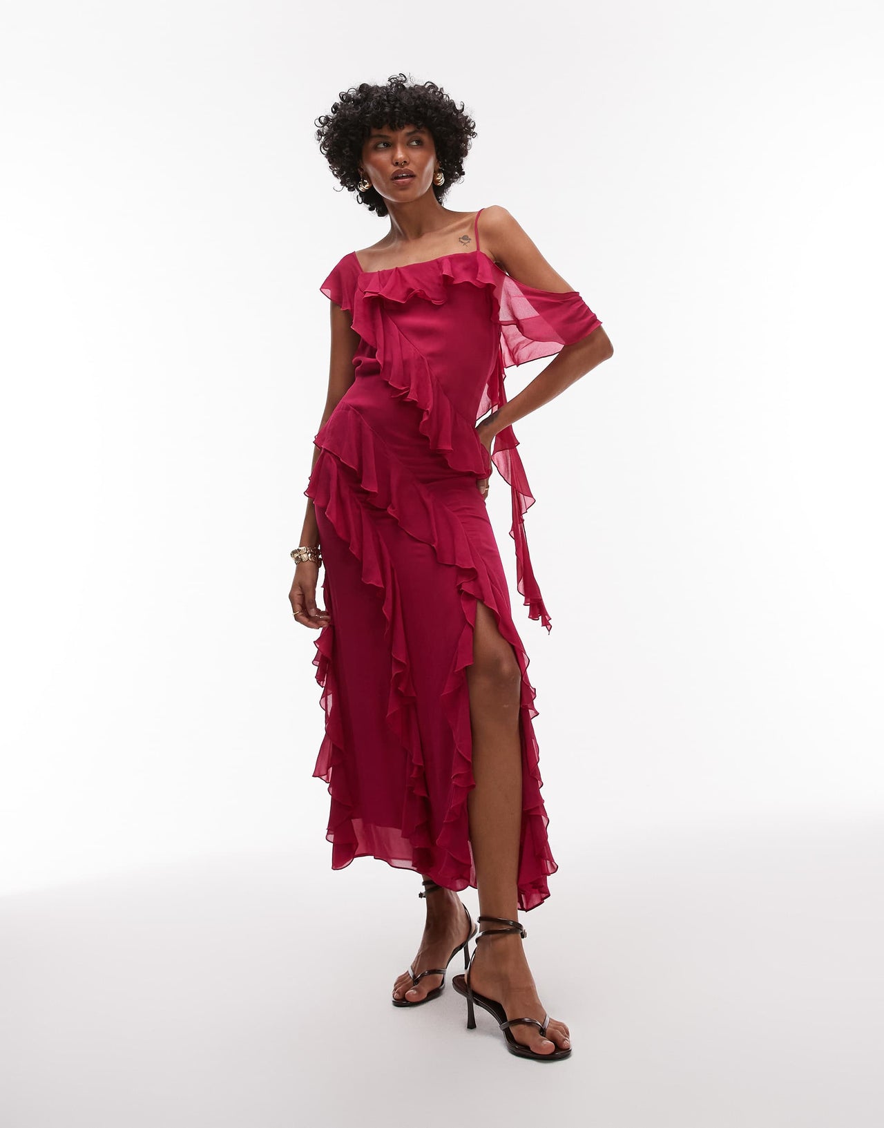& Other Stories maxi slip dress with tiered ruffle detail and low tie back in  pink