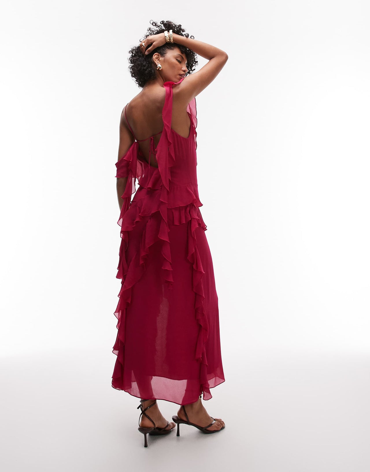 & Other Stories maxi slip dress with tiered ruffle detail and low tie back in  pink