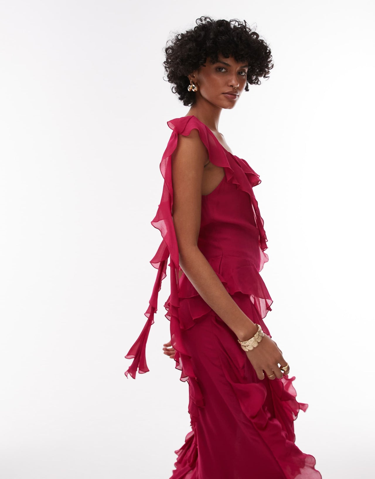 & Other Stories maxi slip dress with tiered ruffle detail and low tie back in  pink