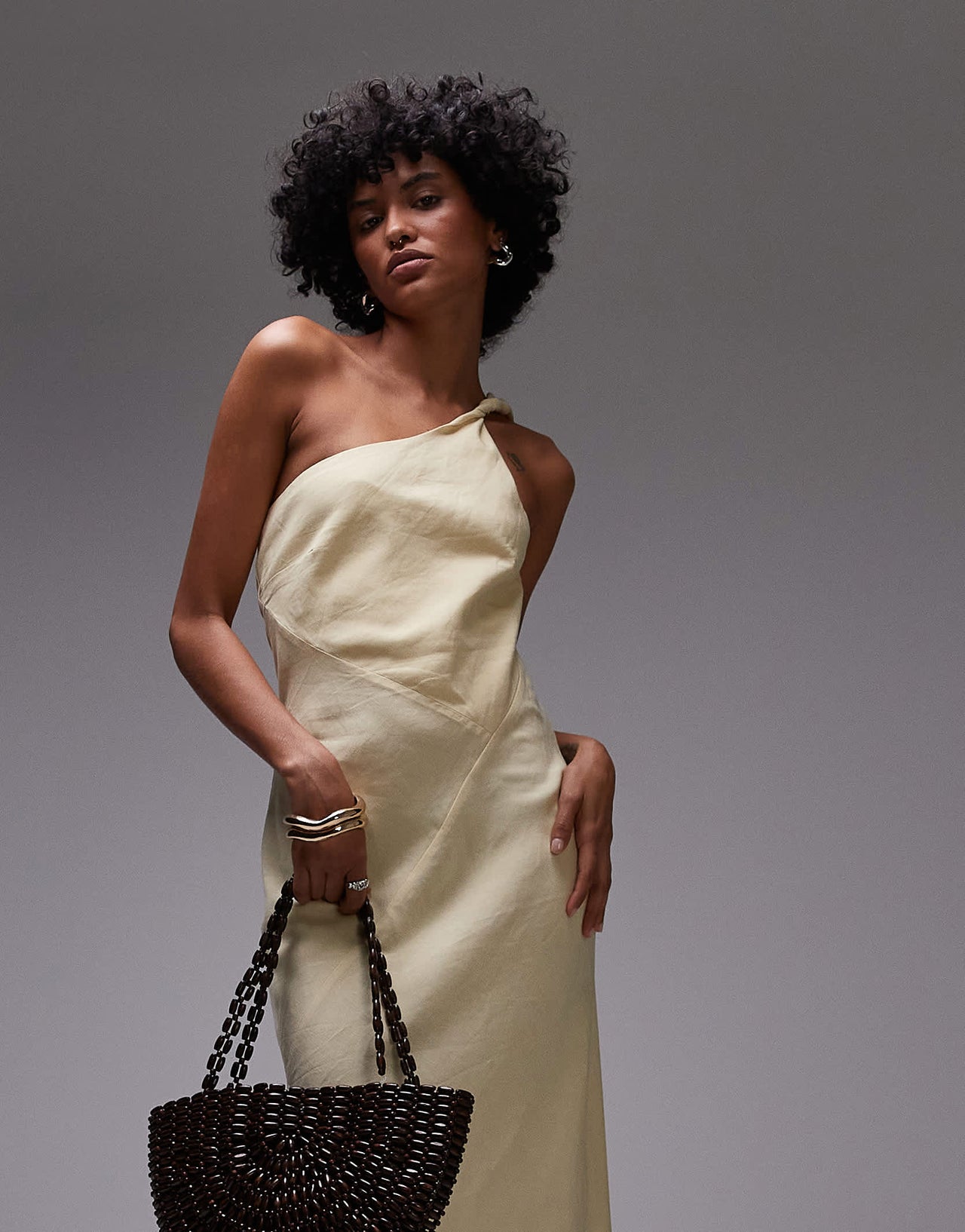 & Other Stories one shoulder linen midi dress with twisted strap detail in butter yellow