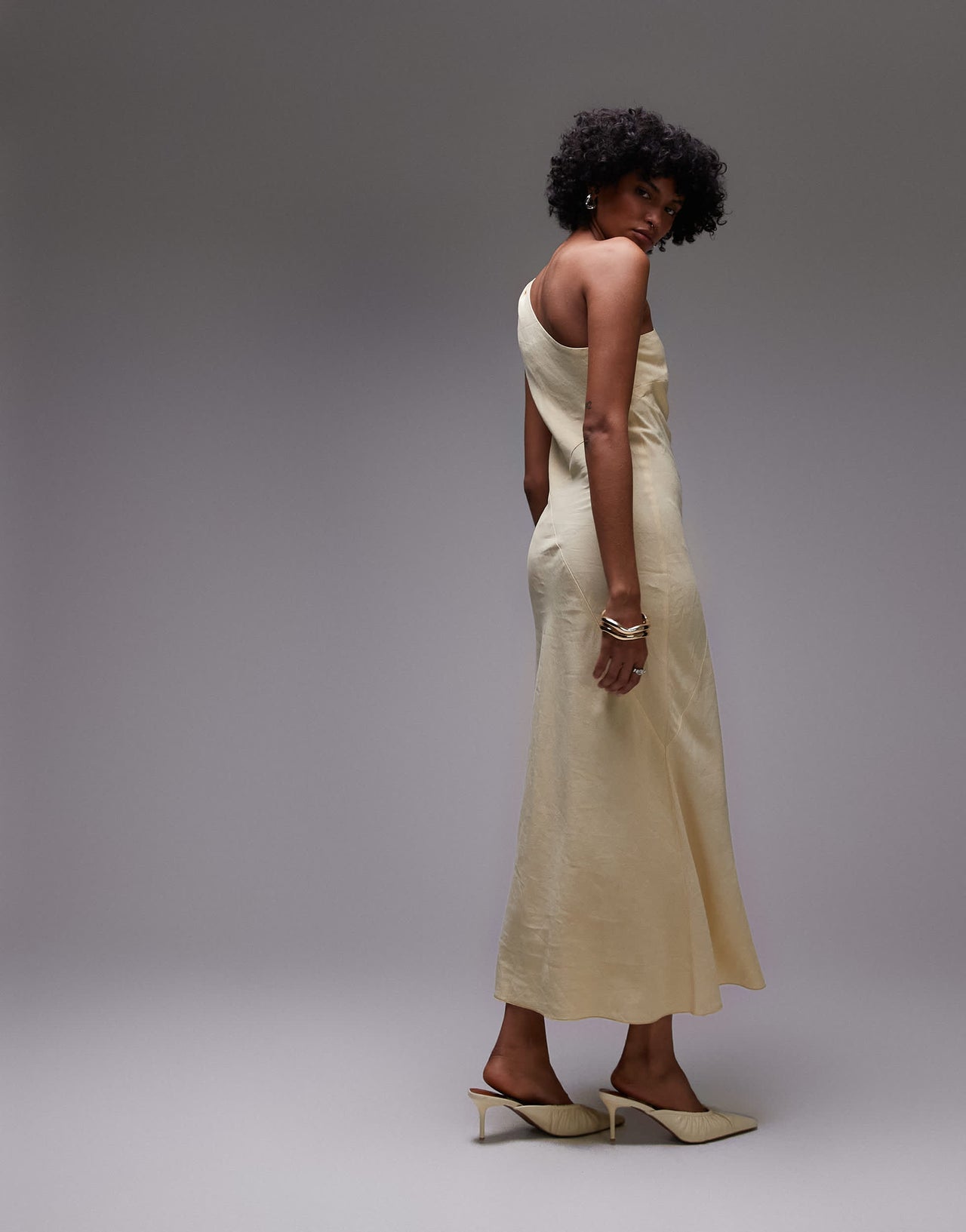 & Other Stories one shoulder linen midi dress with twisted strap detail in butter yellow