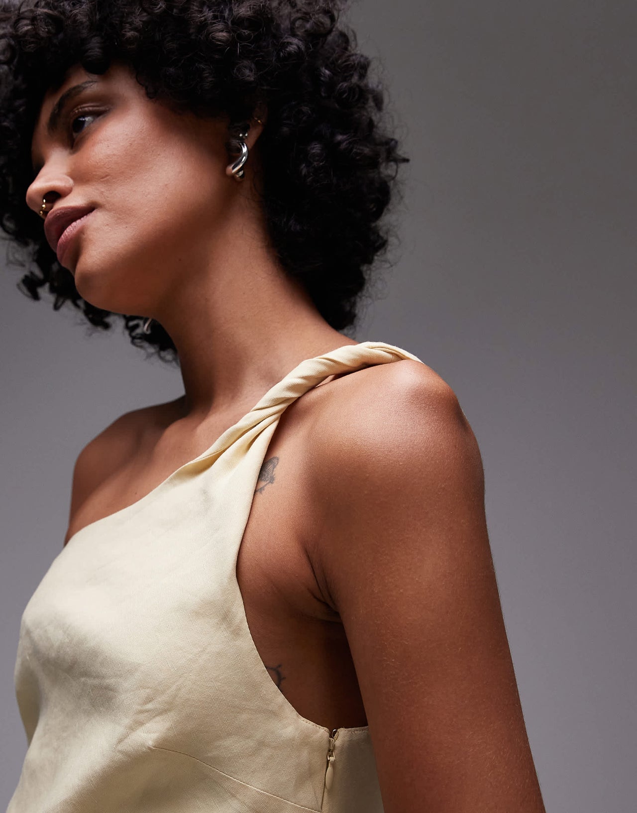 & Other Stories one shoulder linen midi dress with twisted strap detail in butter yellow