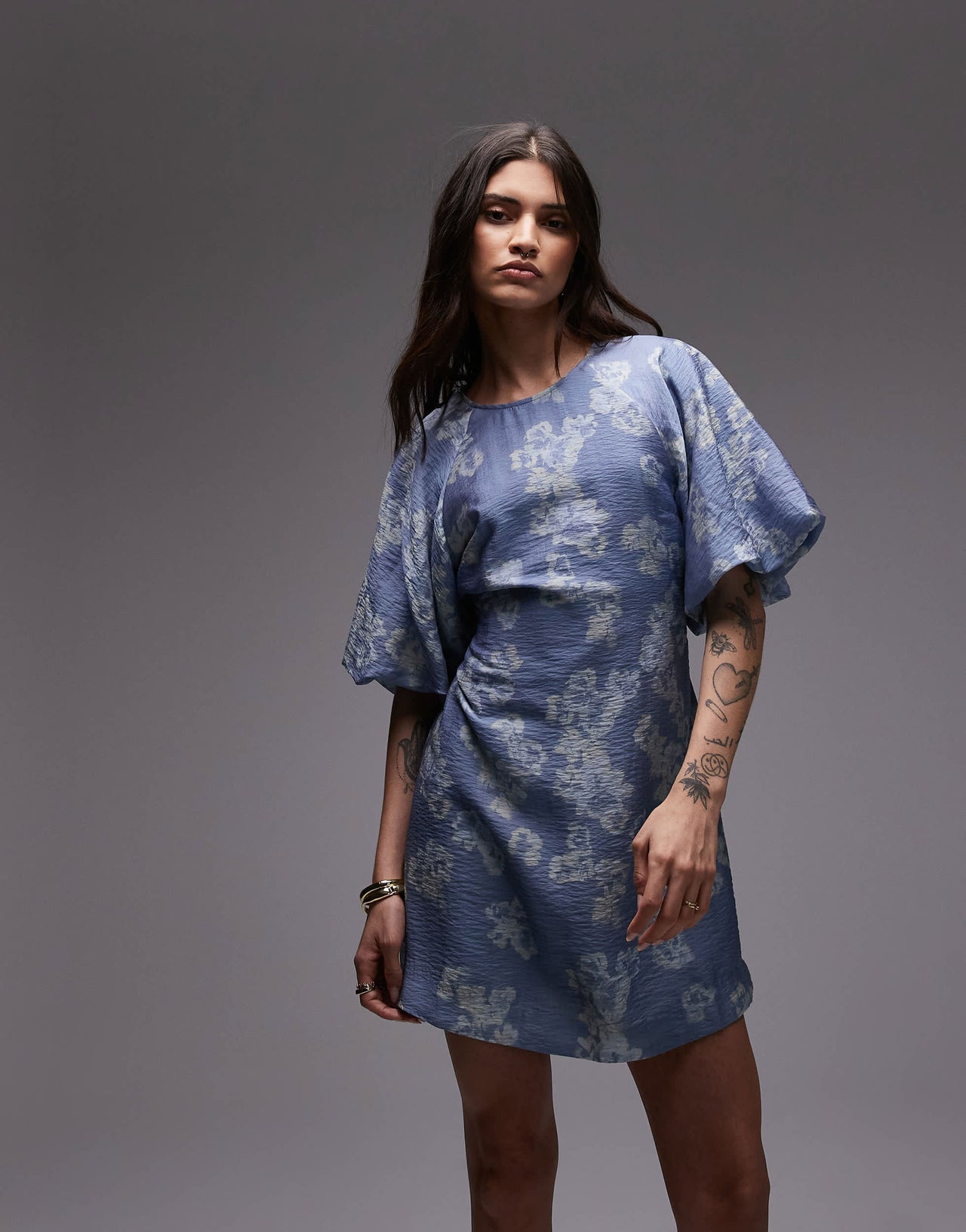 & Other Stories mini dress with puff sleeves with tie-back belt in blue floral print