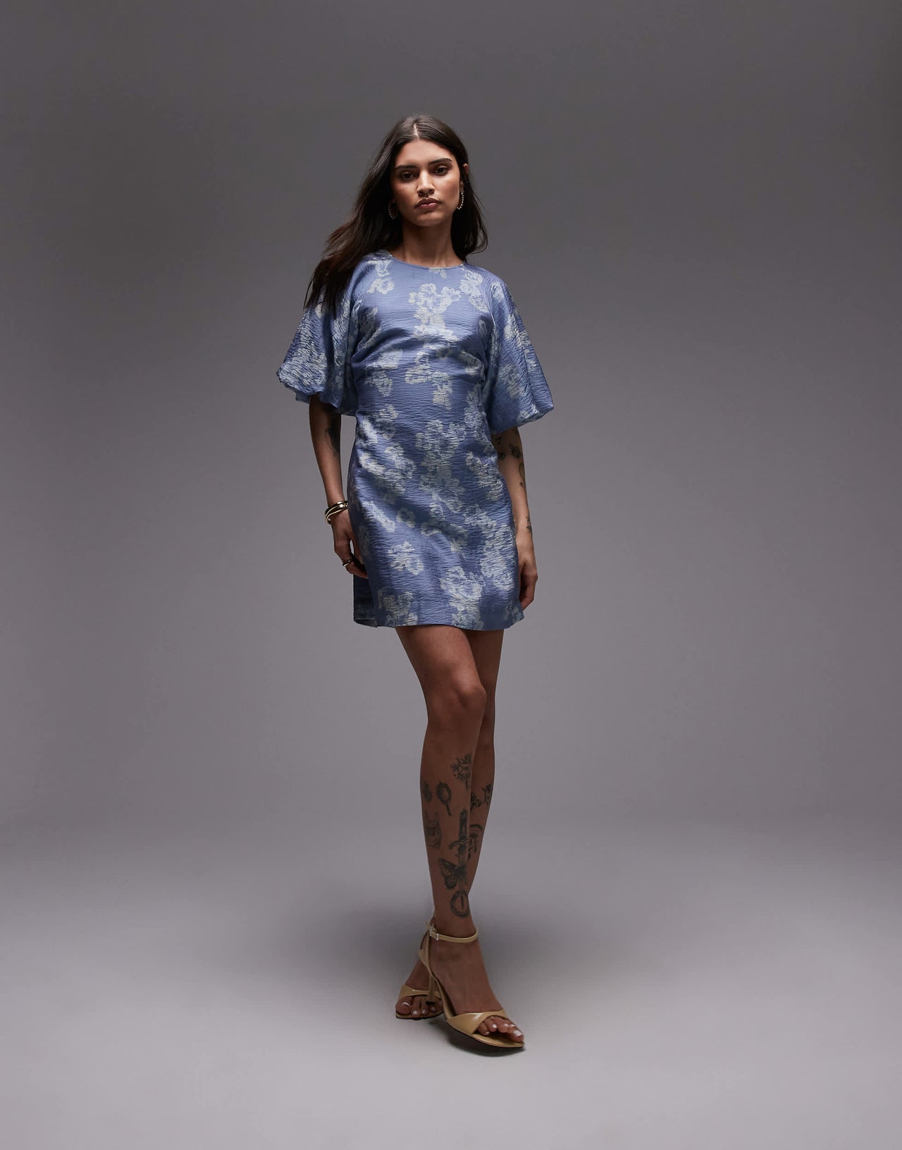 & Other Stories mini dress with puff sleeves with tie-back belt in blue floral print