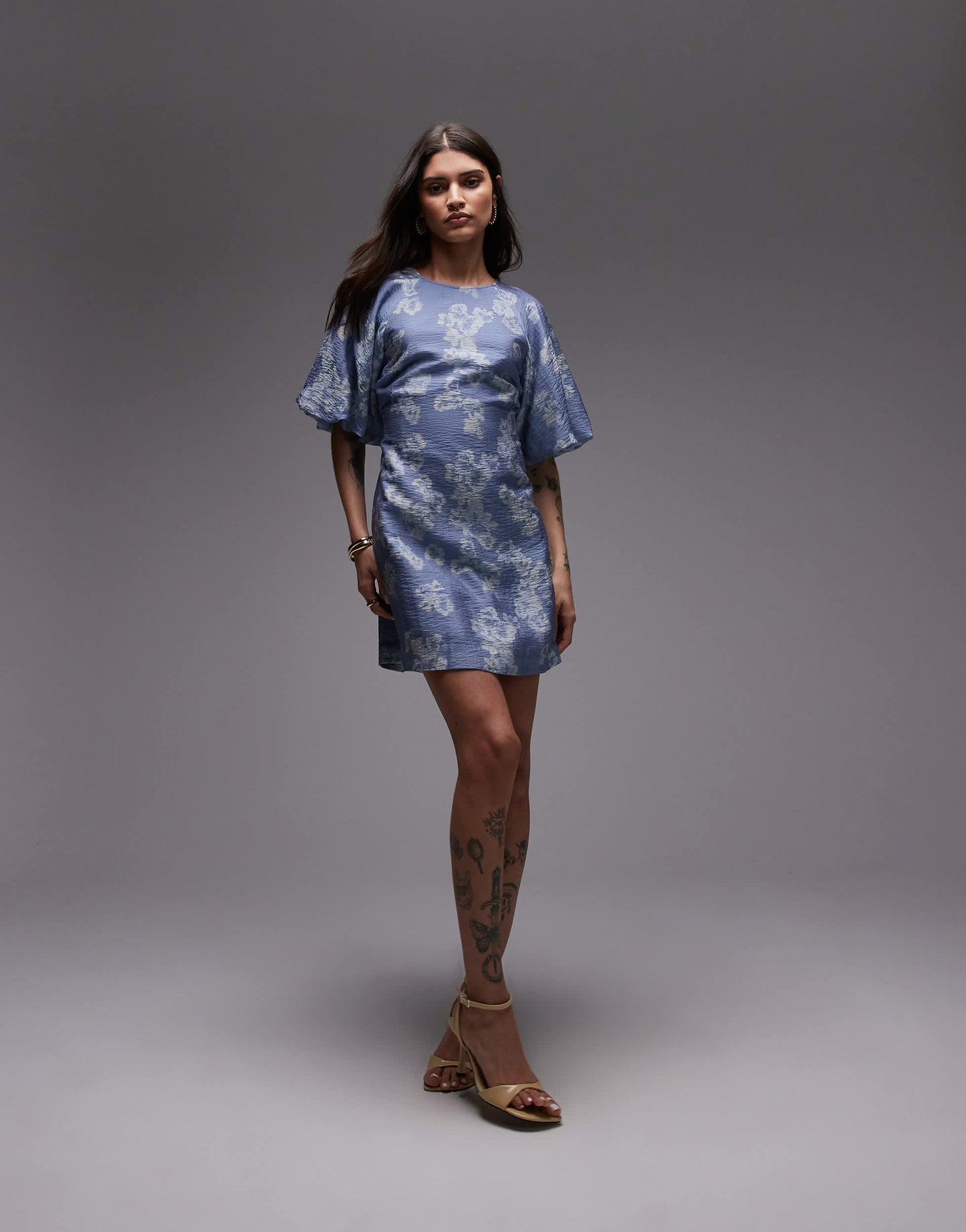 & Other Stories mini dress with puff sleeves with tie-back belt in blue floral print