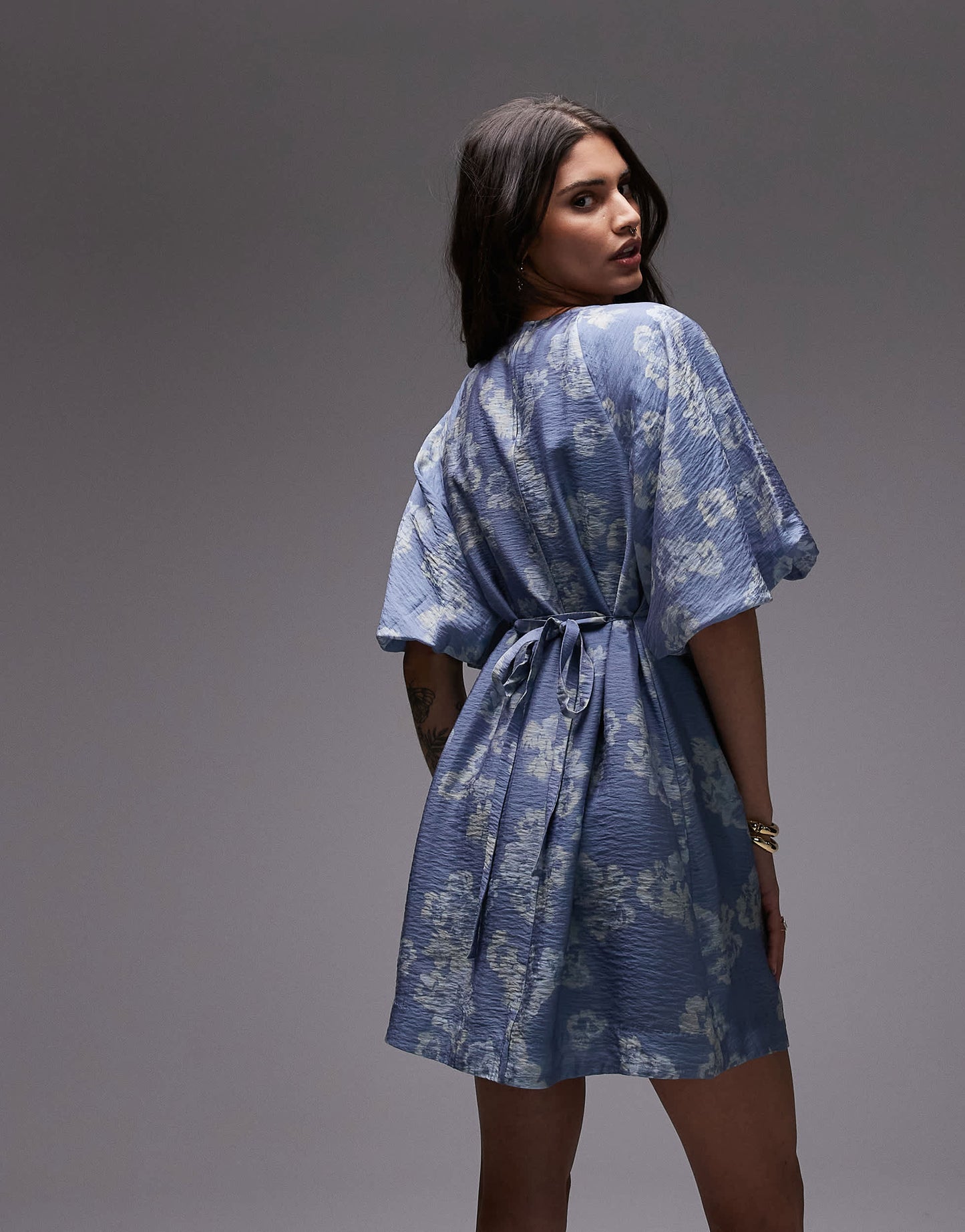 & Other Stories mini dress with puff sleeves with tie-back belt in blue floral print