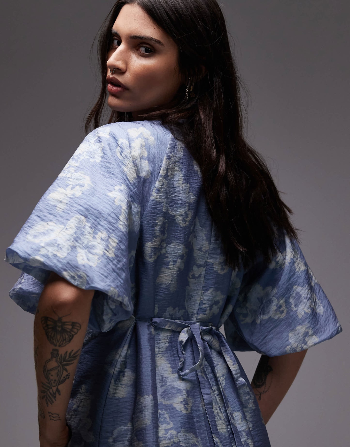 & Other Stories mini dress with puff sleeves with tie-back belt in blue floral print