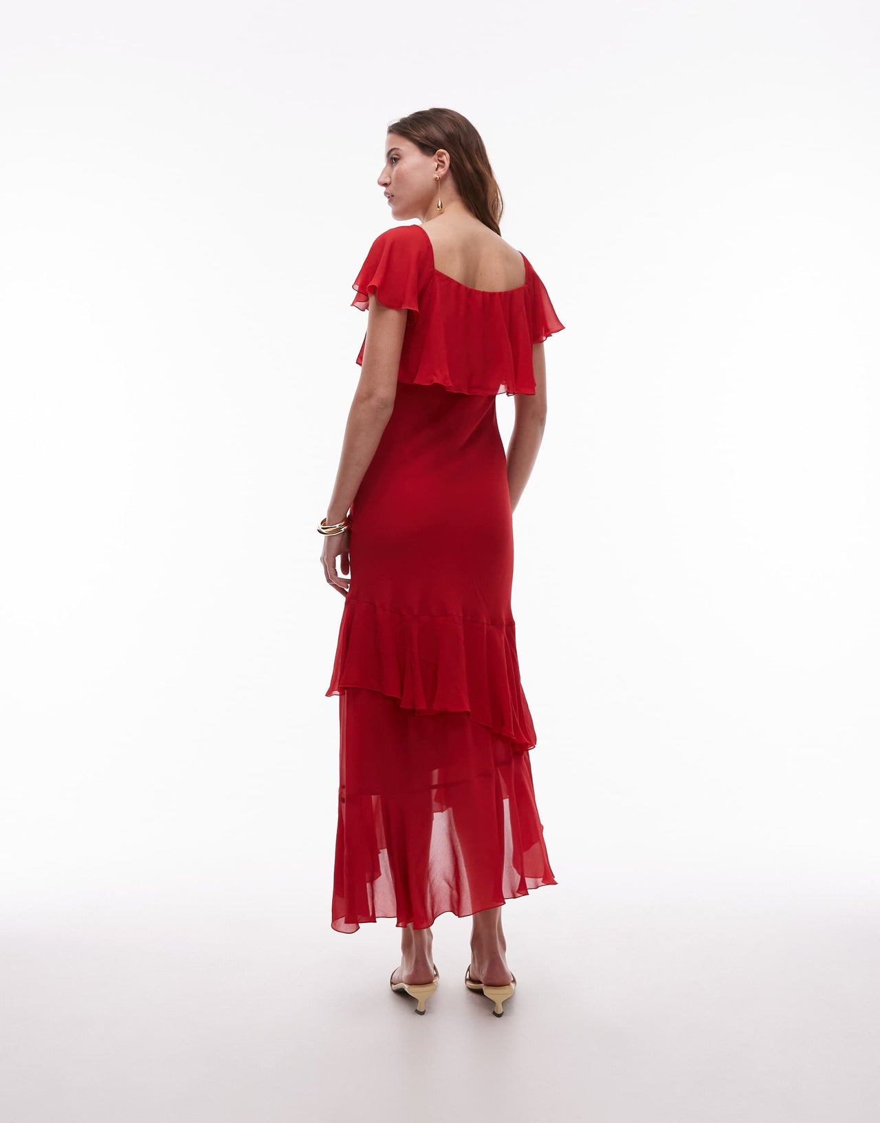 & Other Stories asymmetric midaxi dress with tiered ruffles in red