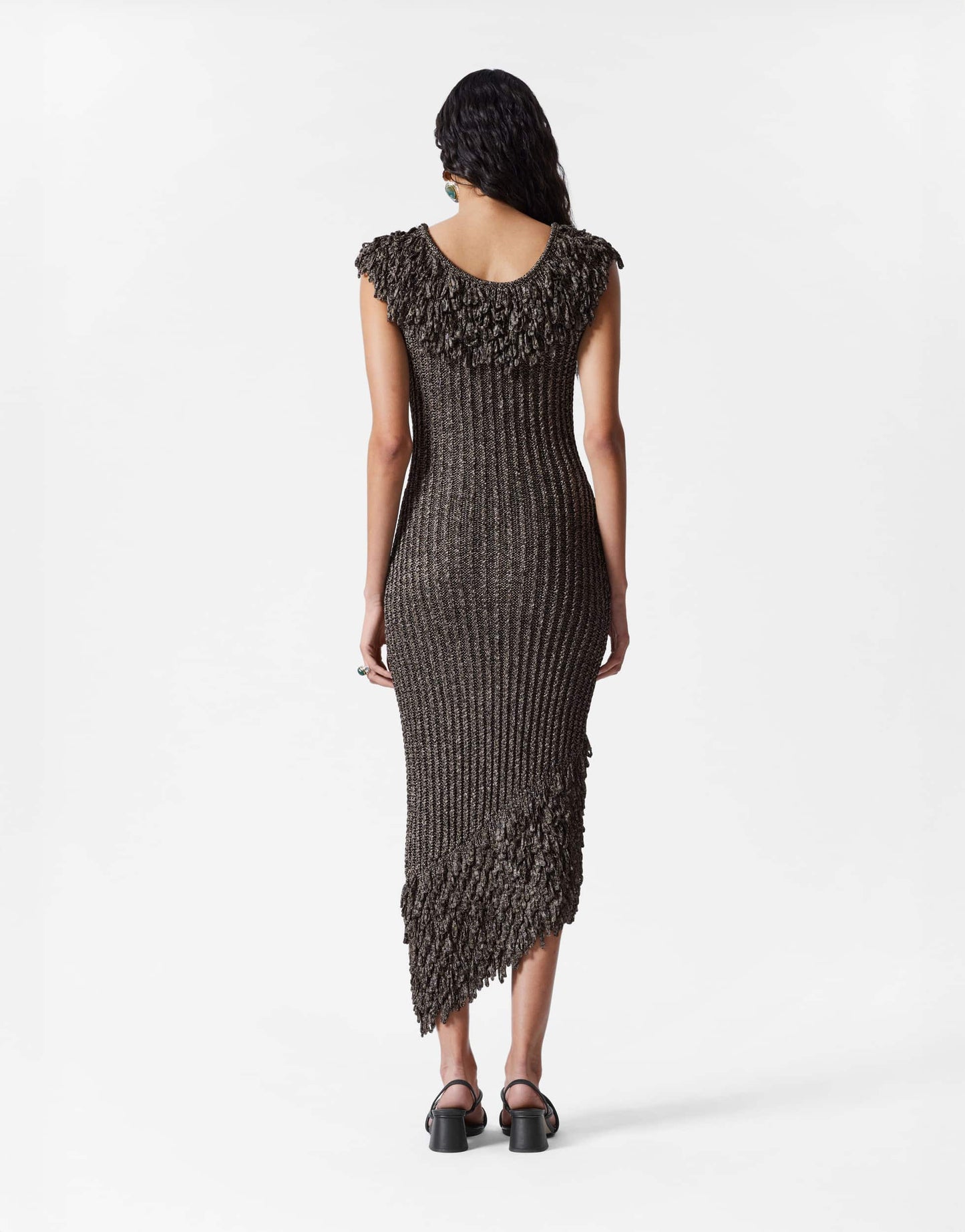 & Other Stories knitted midi dress with fringed neckline and hem in metallic grey