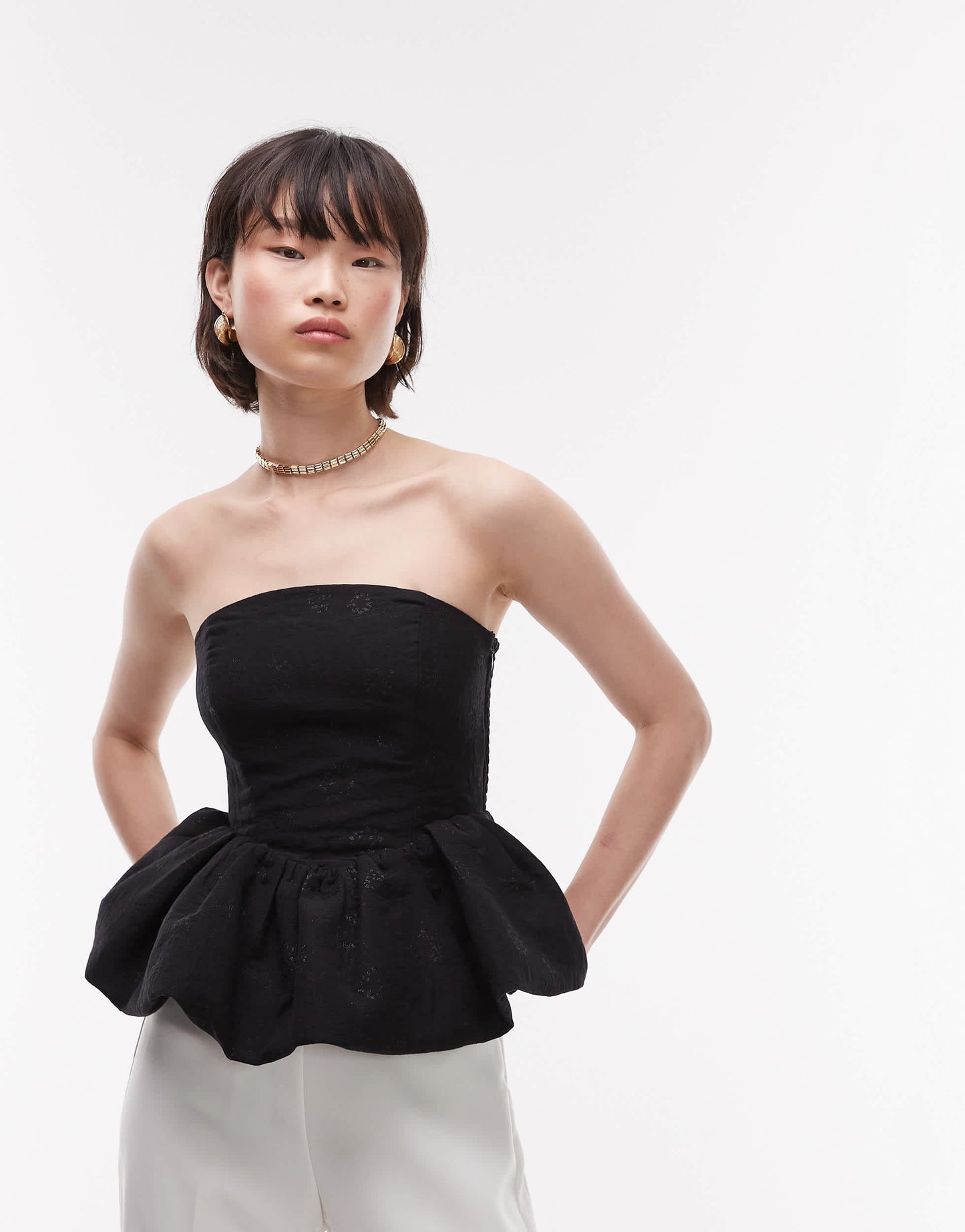 & Other Stories metallic floral brocade bandeau top with  puffball hem in black