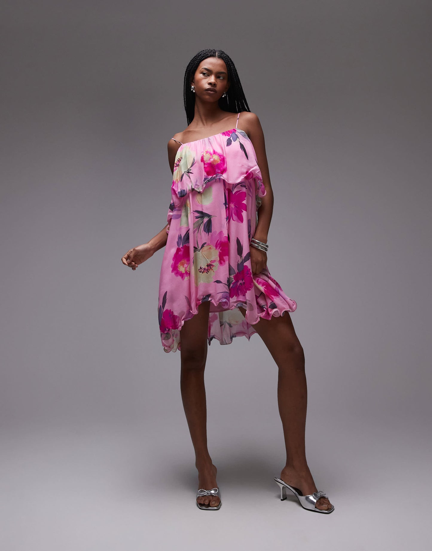 & Other Stories floaty chiffon strappy mini dress with off shoulder in pink floral print