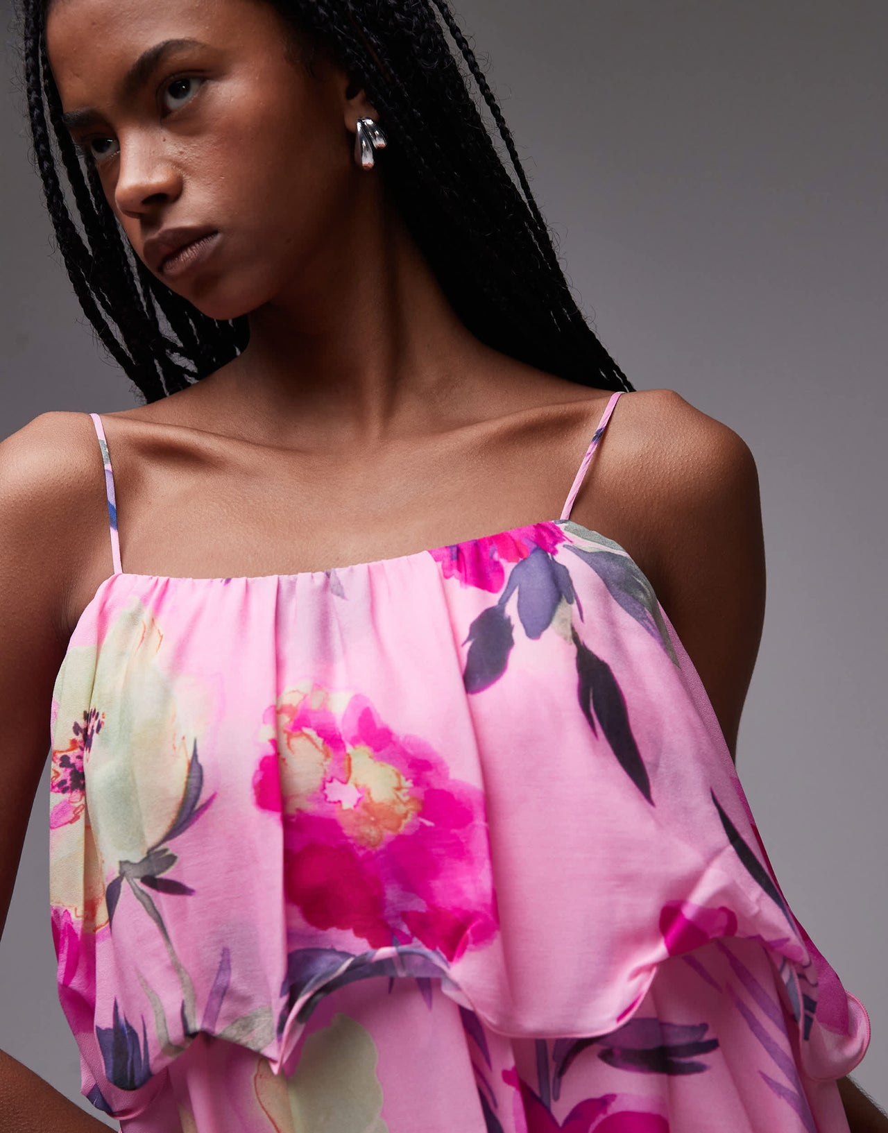 & Other Stories floaty chiffon strappy mini dress with off shoulder in pink floral print