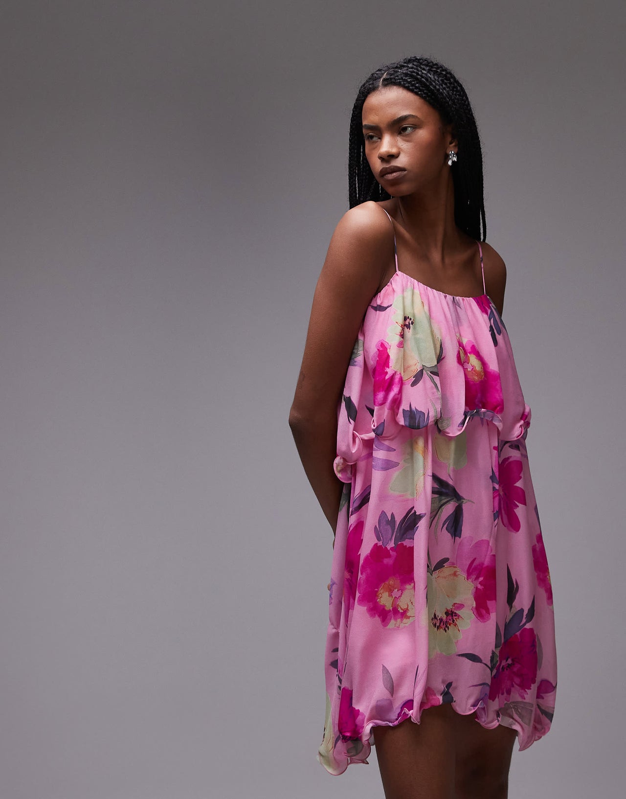 & Other Stories floaty chiffon strappy mini dress with off shoulder in pink floral print