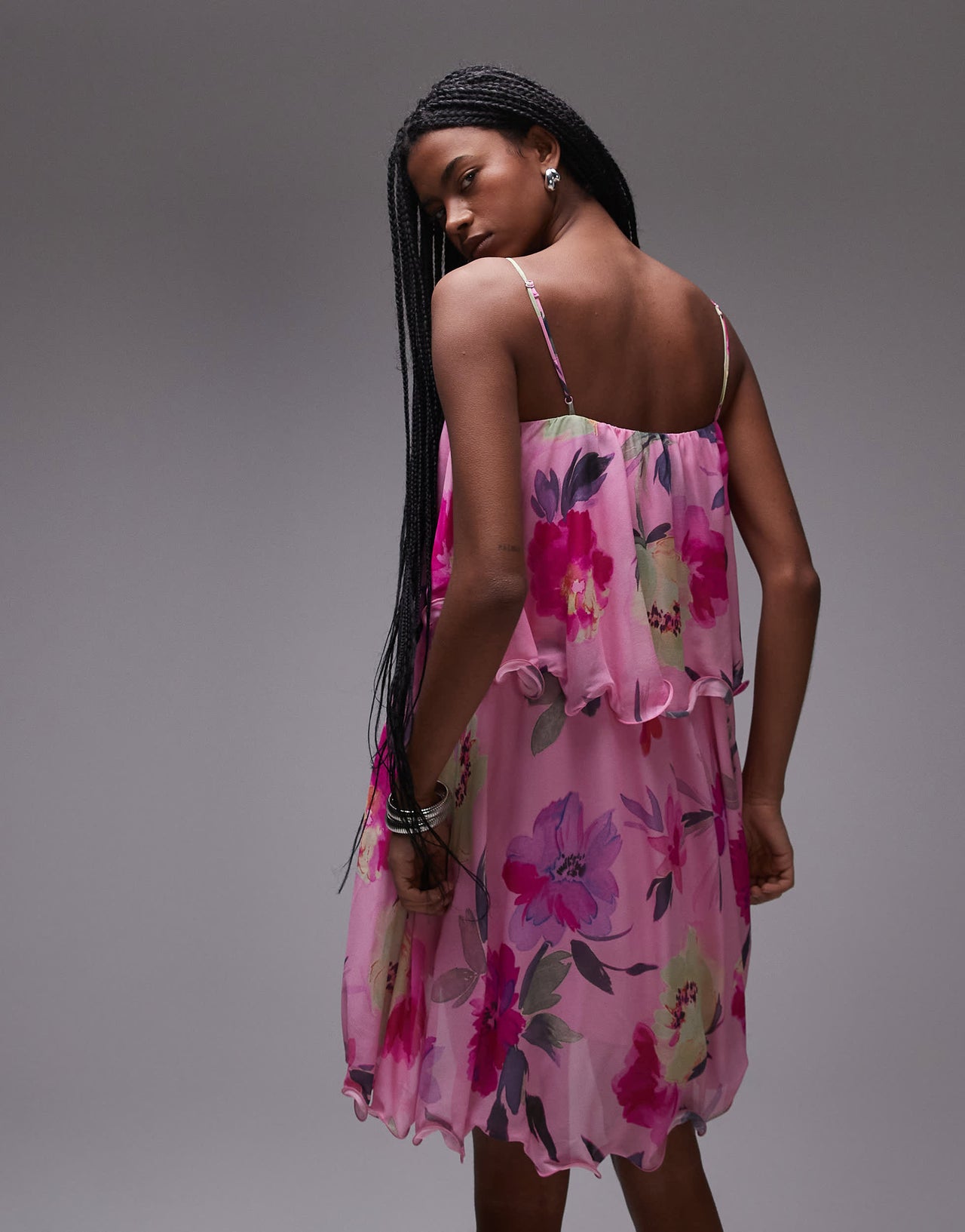 & Other Stories floaty chiffon strappy mini dress with off shoulder in pink floral print