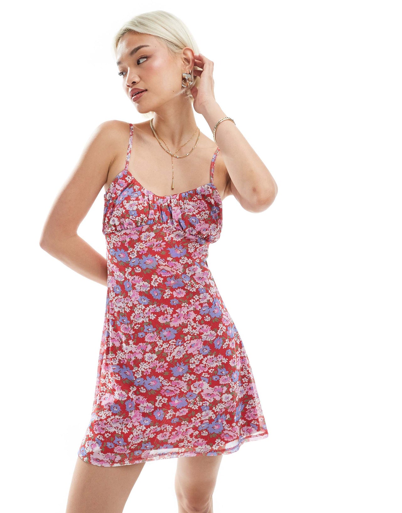 ASOS DESIGN mesh cami ruched bust mini dress in pink ditsy print
