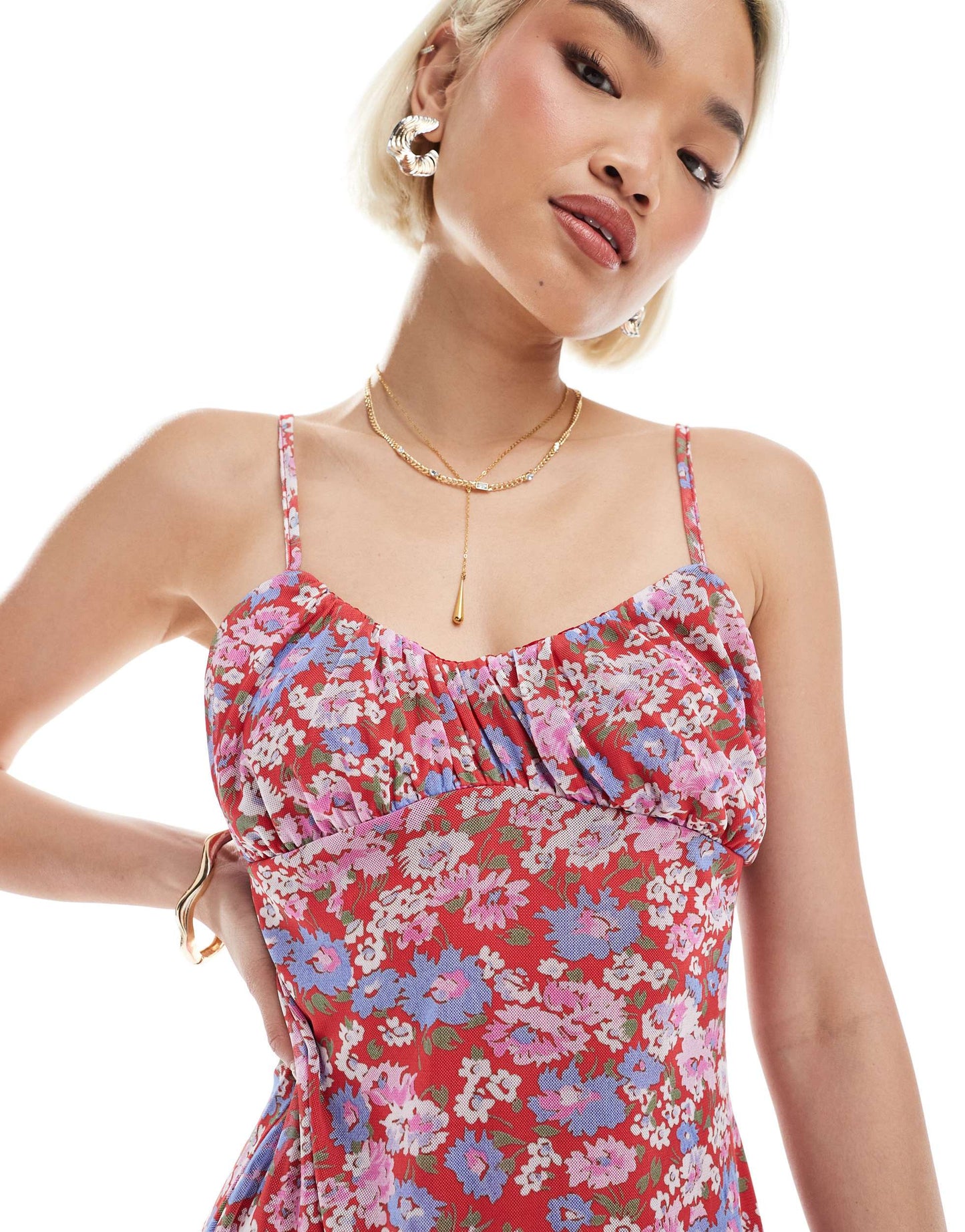 ASOS DESIGN mesh cami ruched bust mini dress in pink ditsy print
