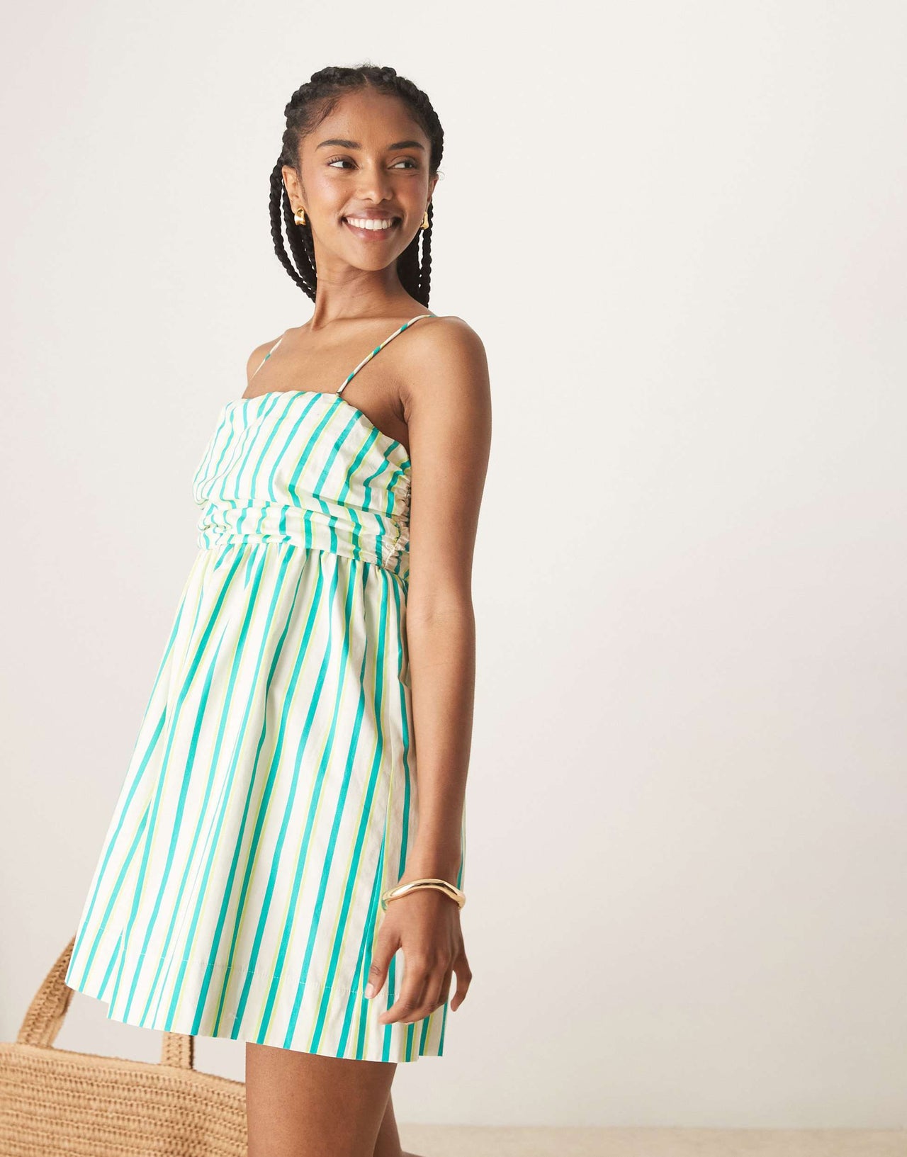 ASOS DESIGN ruched bust button down bandeau mini dress in blue and yellow stripe