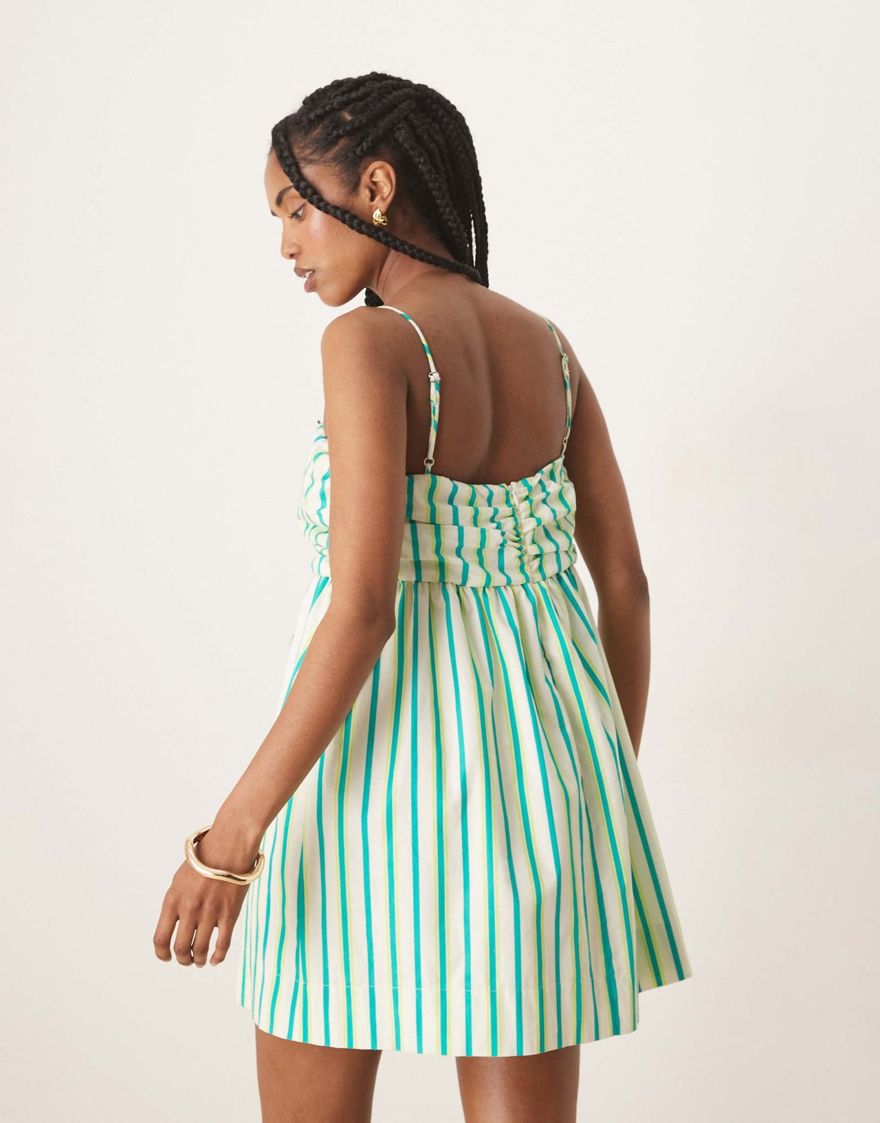 ASOS DESIGN ruched bust button down bandeau mini dress in blue and yellow stripe