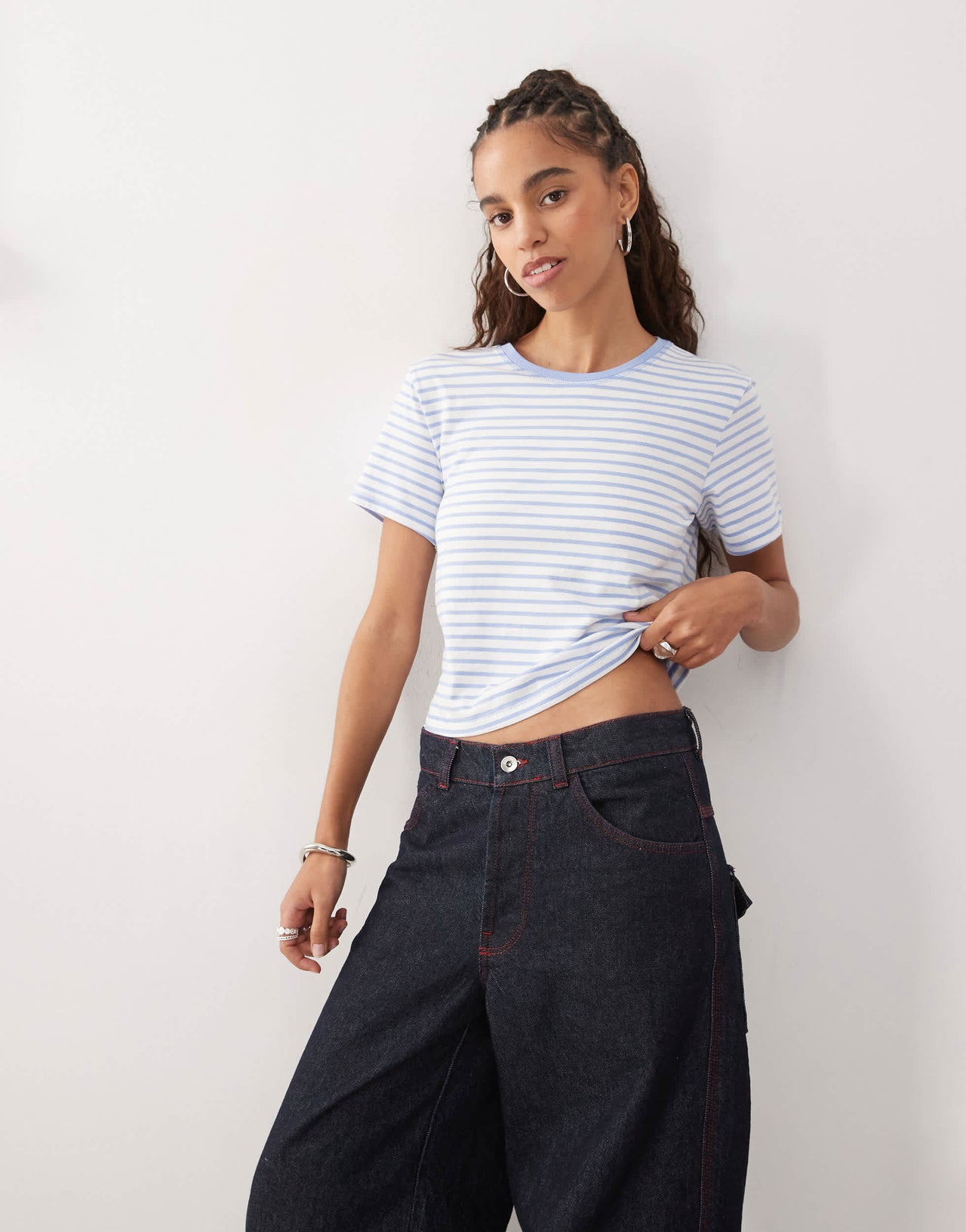 Monki shrunken tee in blue and white stripe