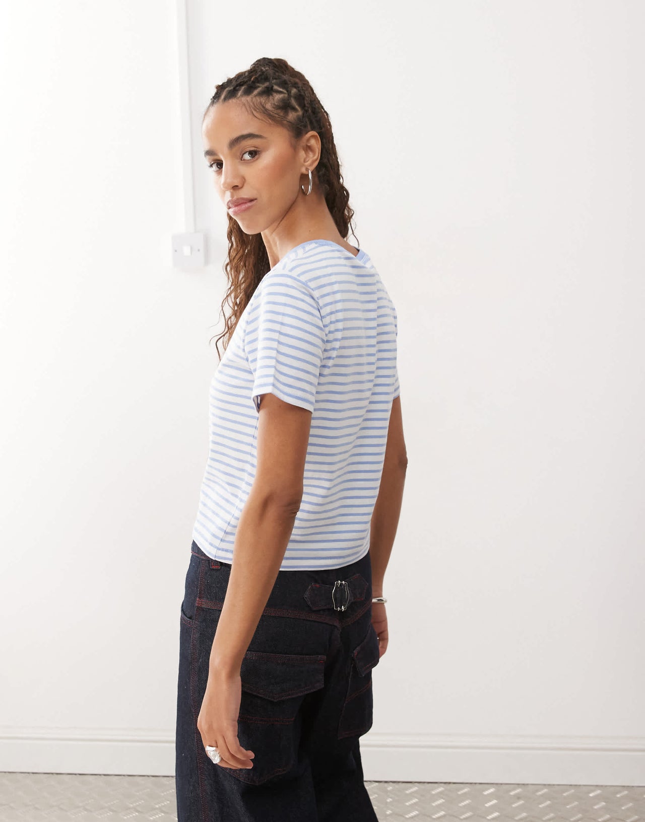 Monki shrunken tee in blue and white stripe