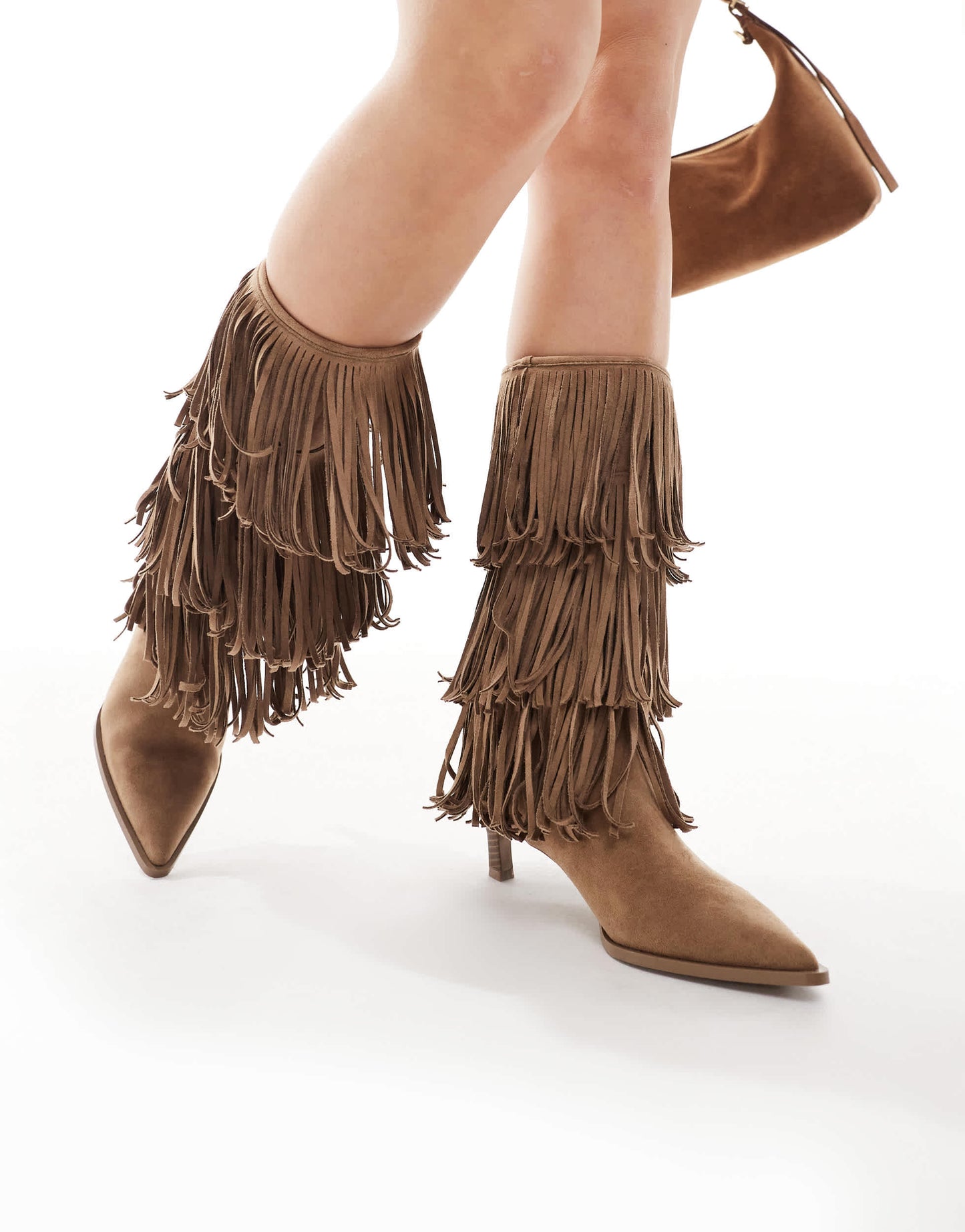 Bershka fringe detail suede heeled boots in tan