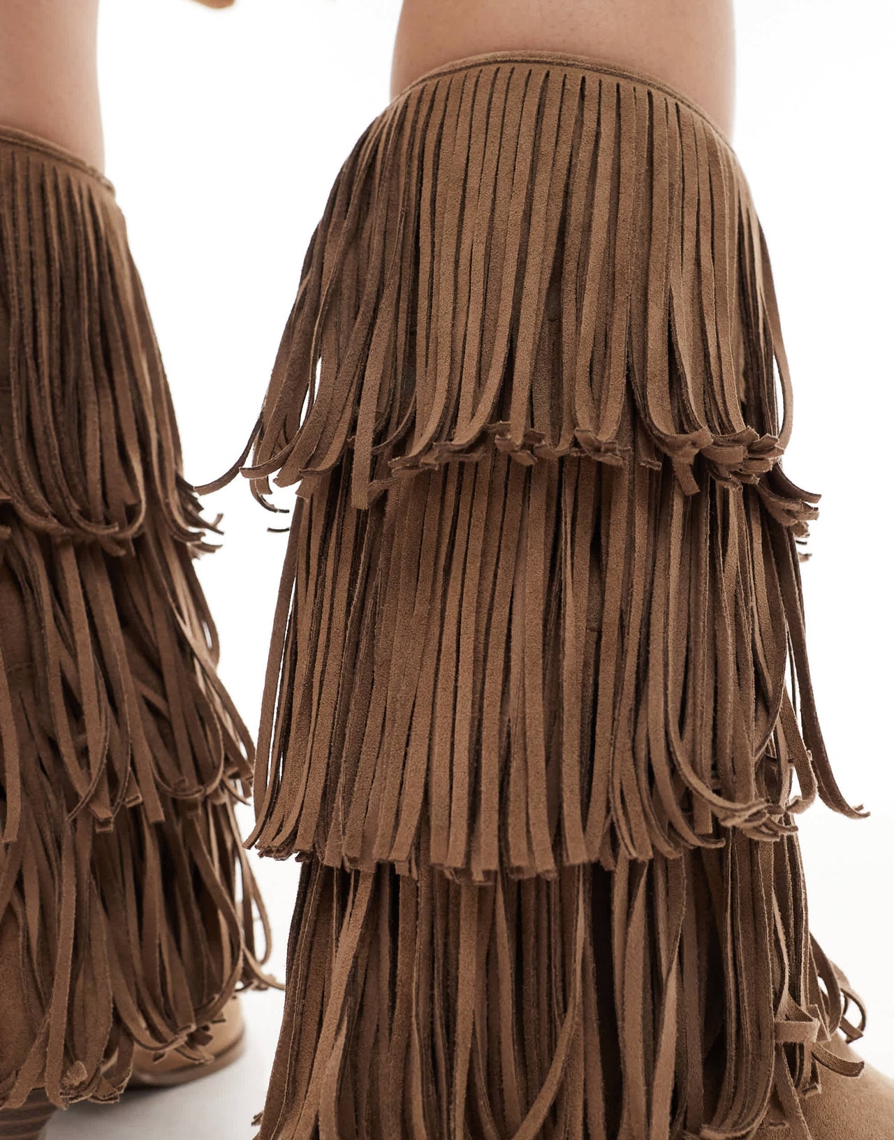 Bershka fringe detail suede heeled boots in tan