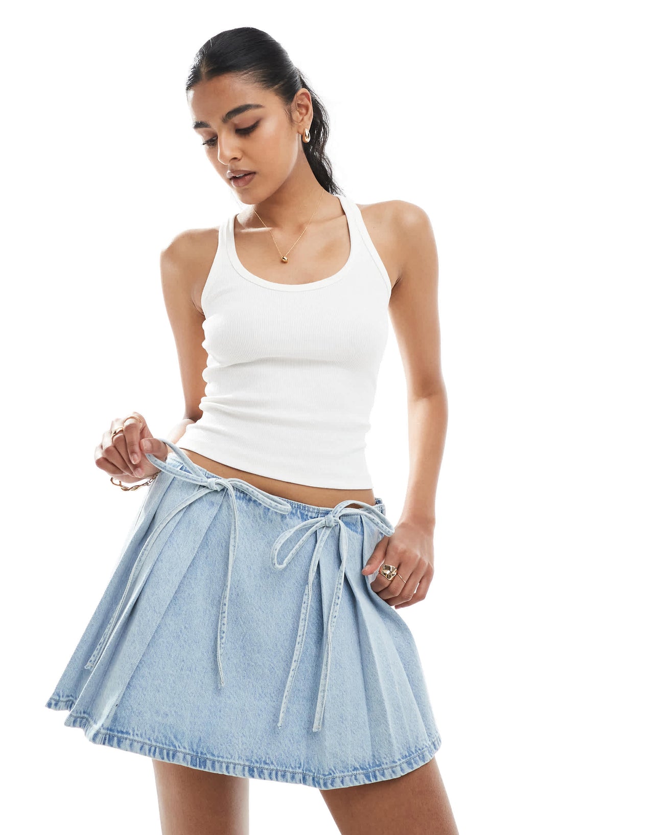 Bershka bow front denim skirt in light blue