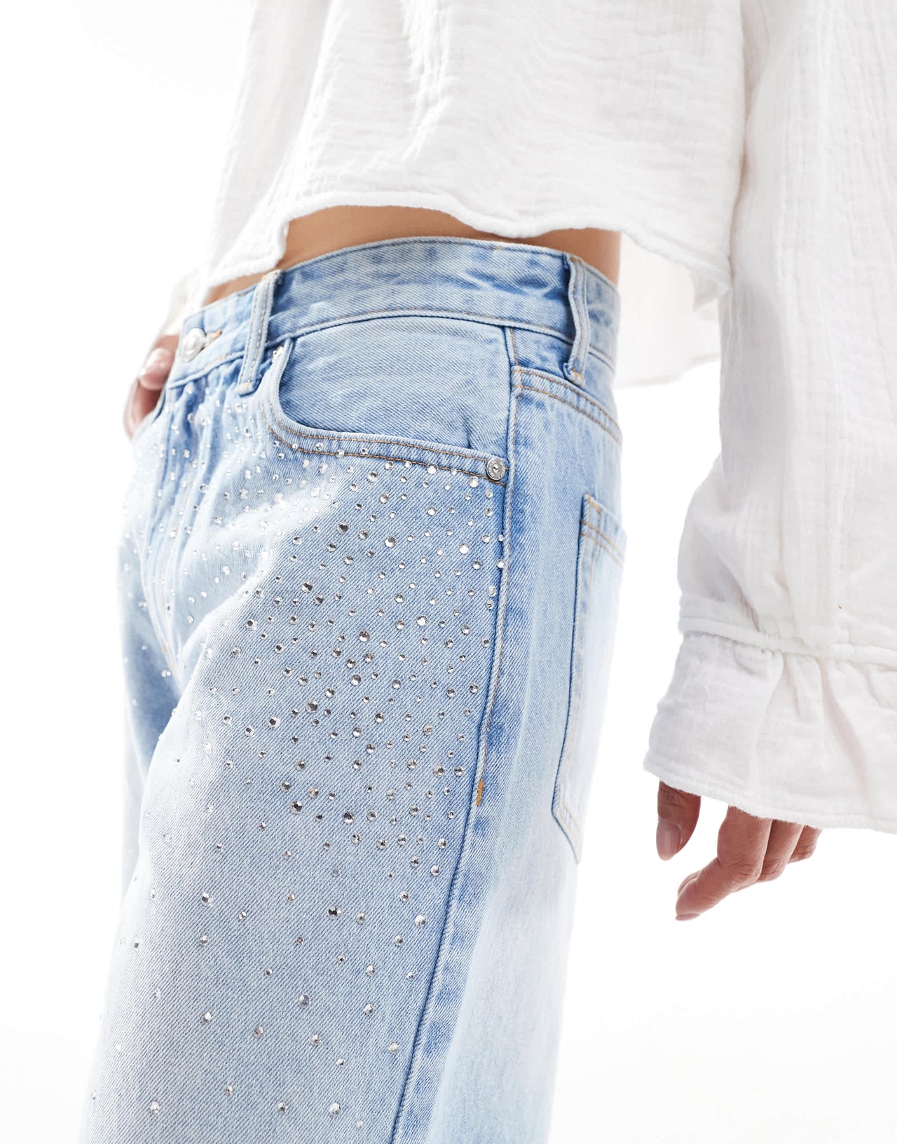 Bershka diamante longline denim shorts in mid blue