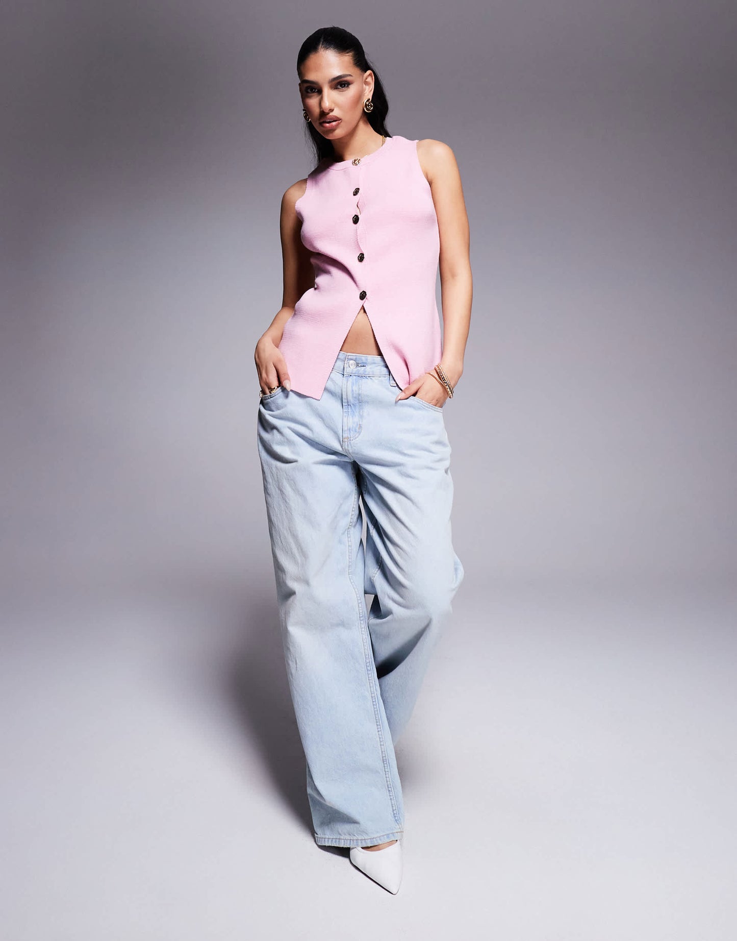 ASOS DESIGN structured longline gold button waistcoat in pink