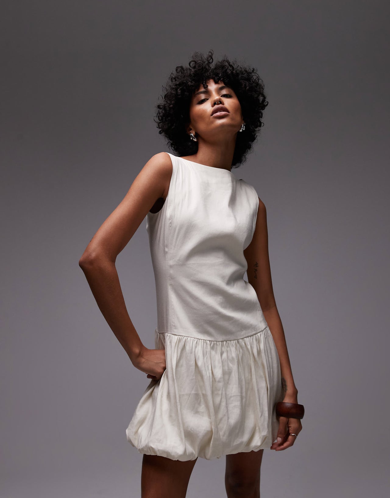 ARKET v neck back puffball mini dress in cream