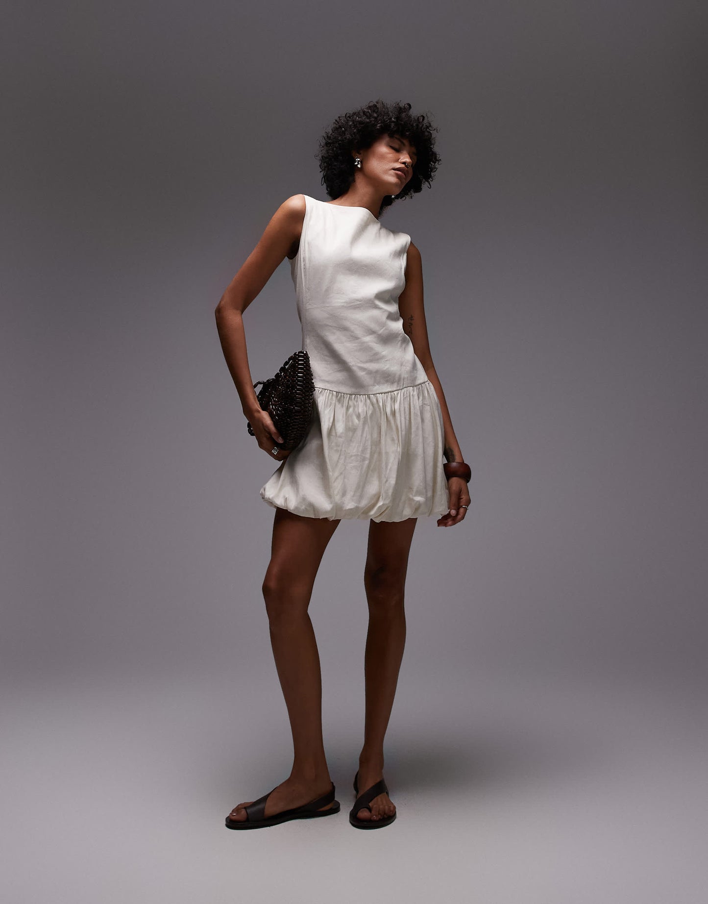 ARKET v neck back puffball mini dress in cream