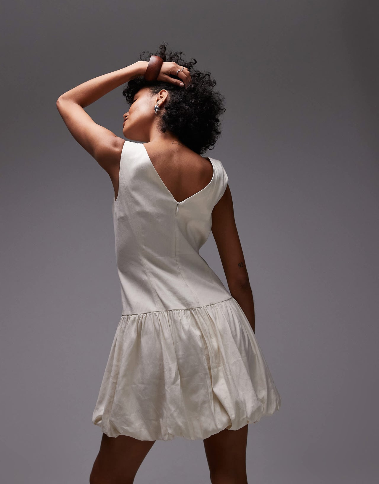 ARKET v neck back puffball mini dress in cream