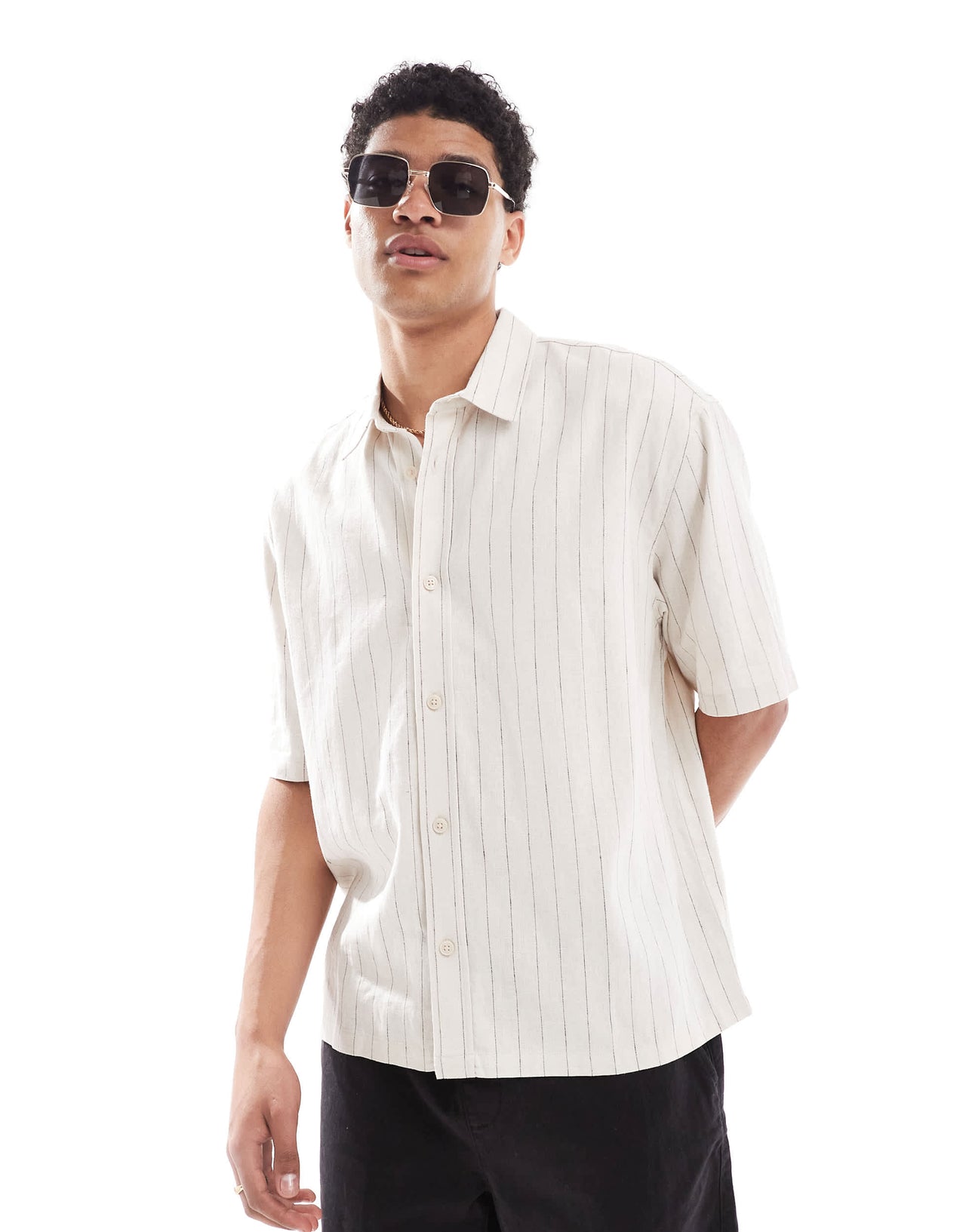 Bershka linen rich striped shirt in beige