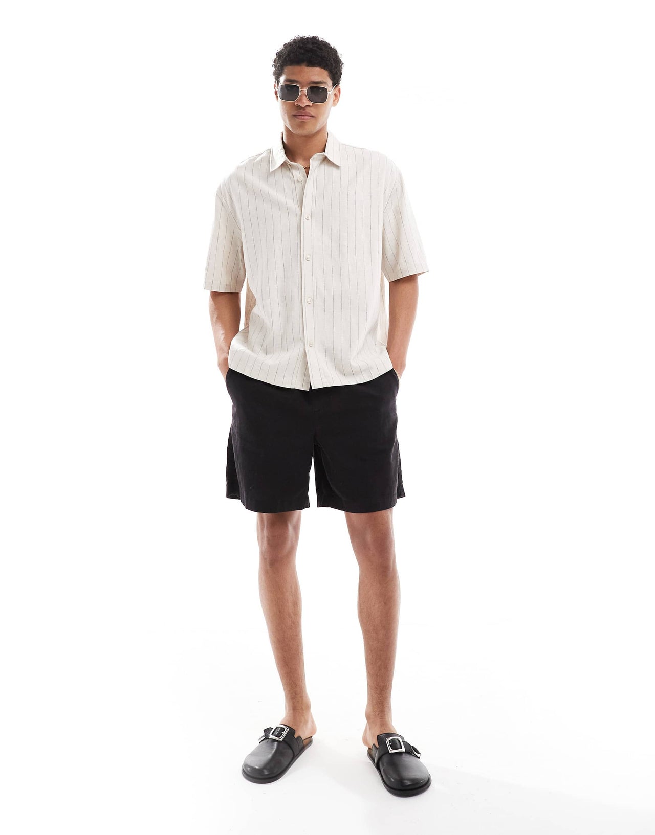 Bershka linen rich striped shirt in beige