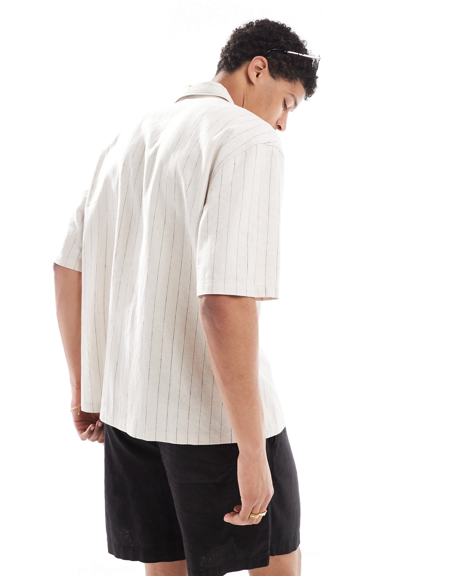 Bershka linen rich striped shirt in beige