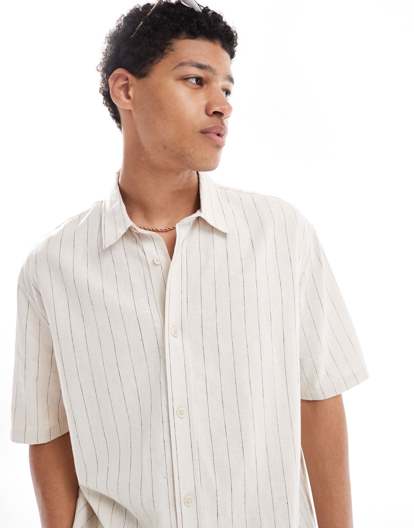 Bershka linen rich striped shirt in beige